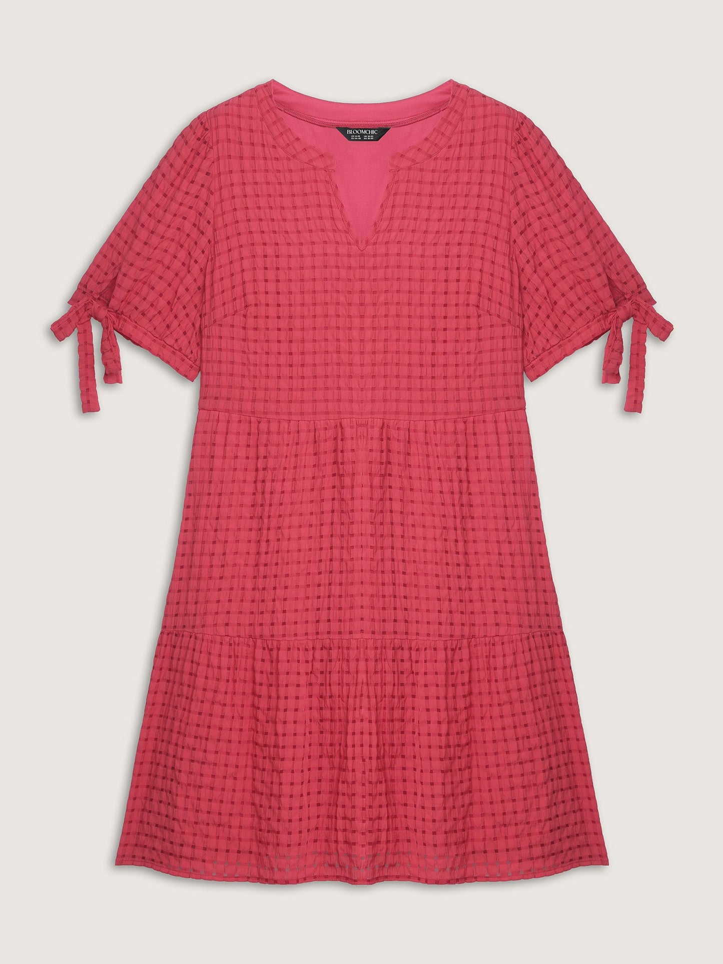 Check Textured Knot Sleeve Knee-Length Dress