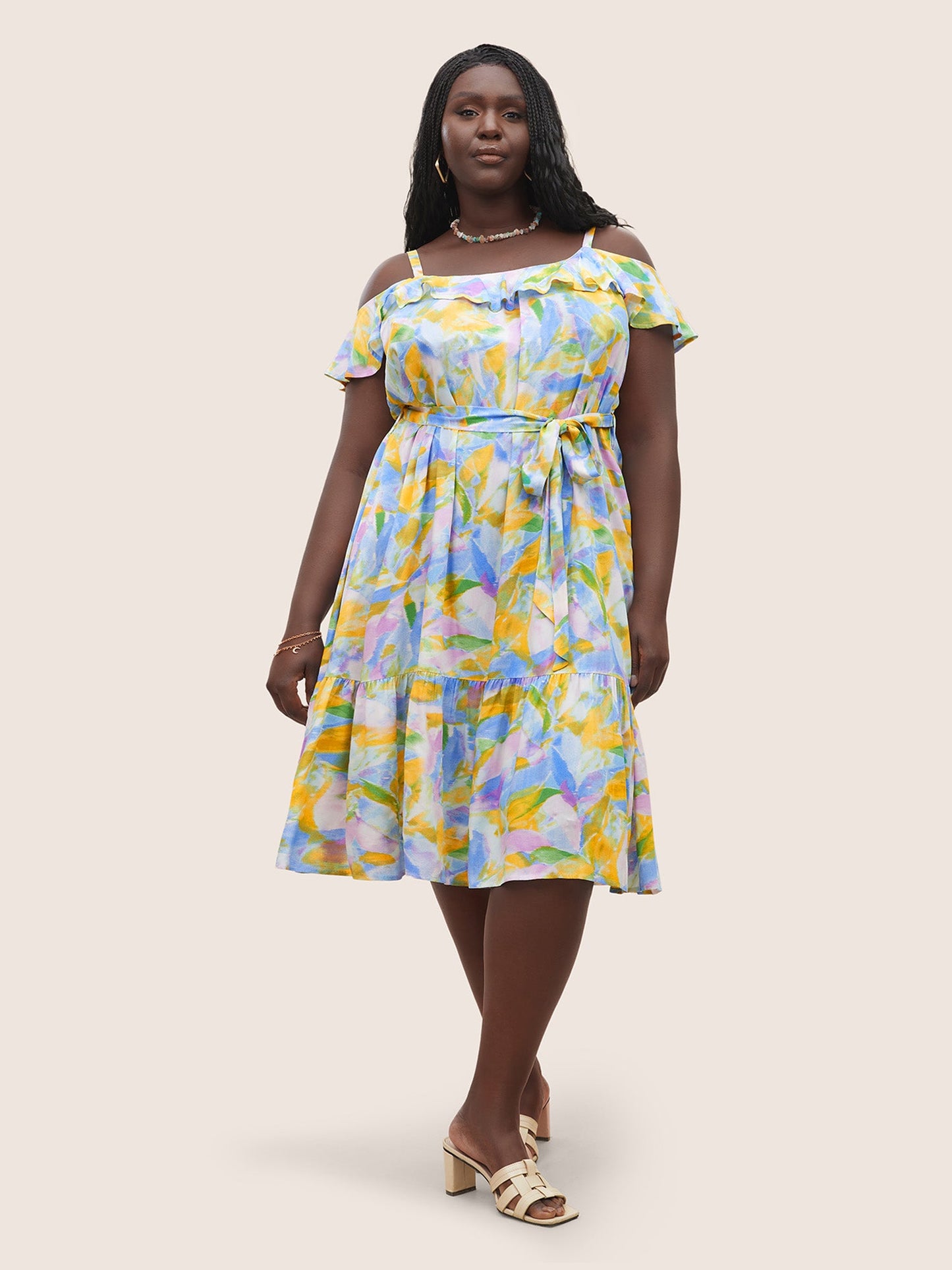 Rayon Pixel Flower Print Ruffles Pocket Dress