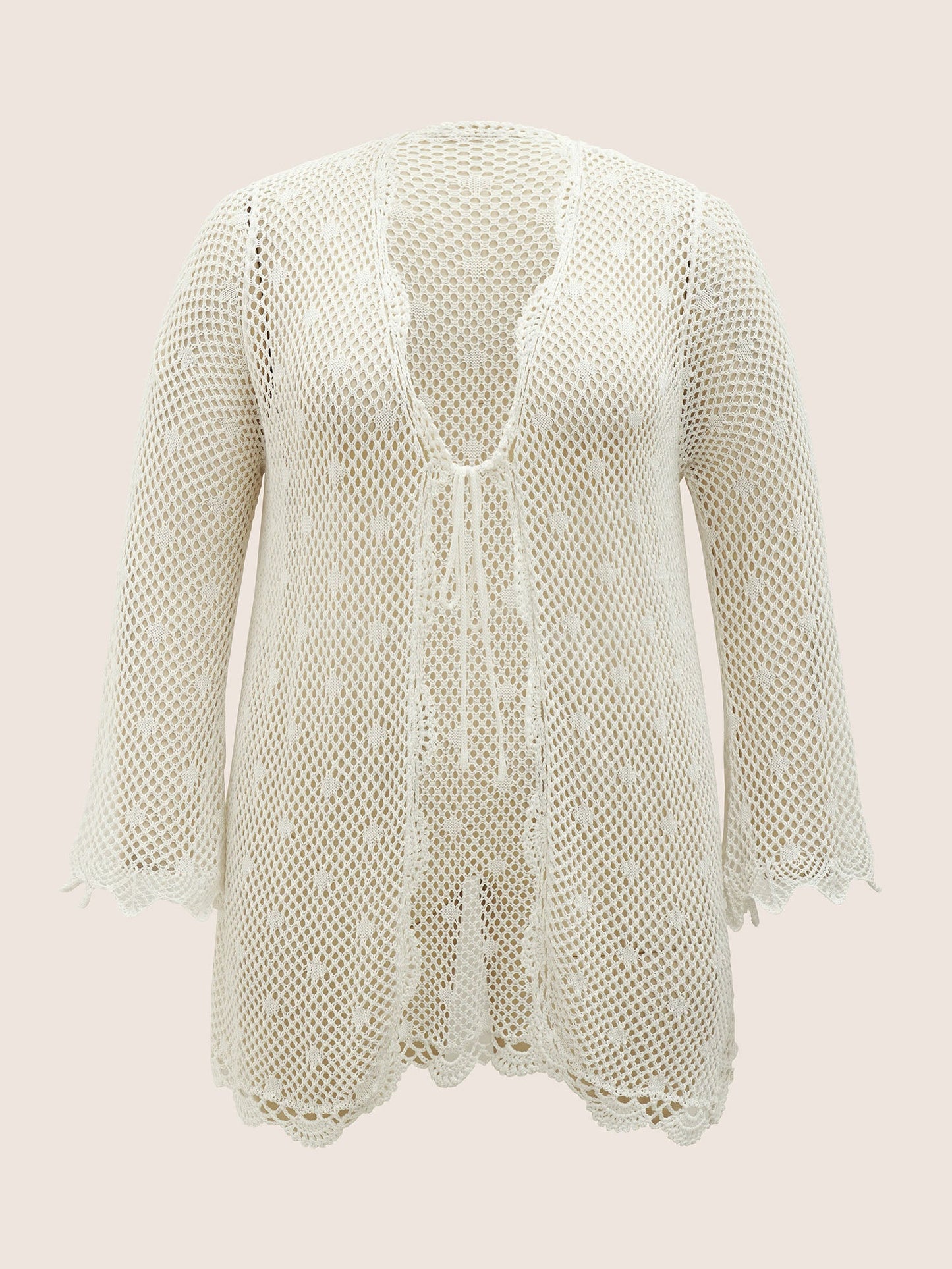Pointelle Knit Ties Lace Panel Bell Sleeve Cardigan