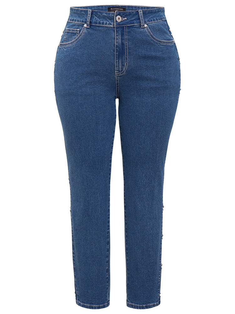 Pearl Beaded Patchwork Medium Wash Jeans