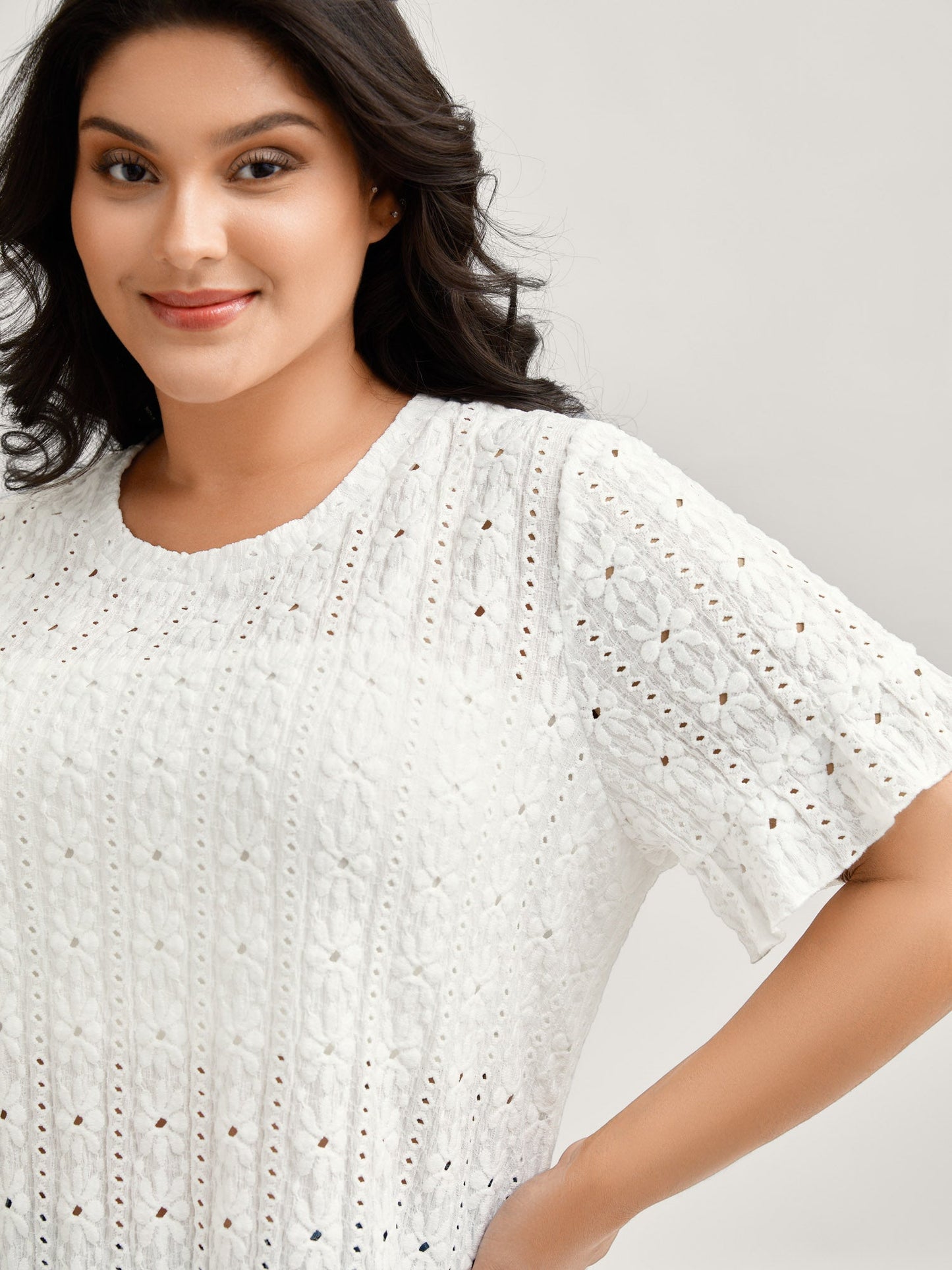 Floral Eyelet Trim Ruffled Hem Top