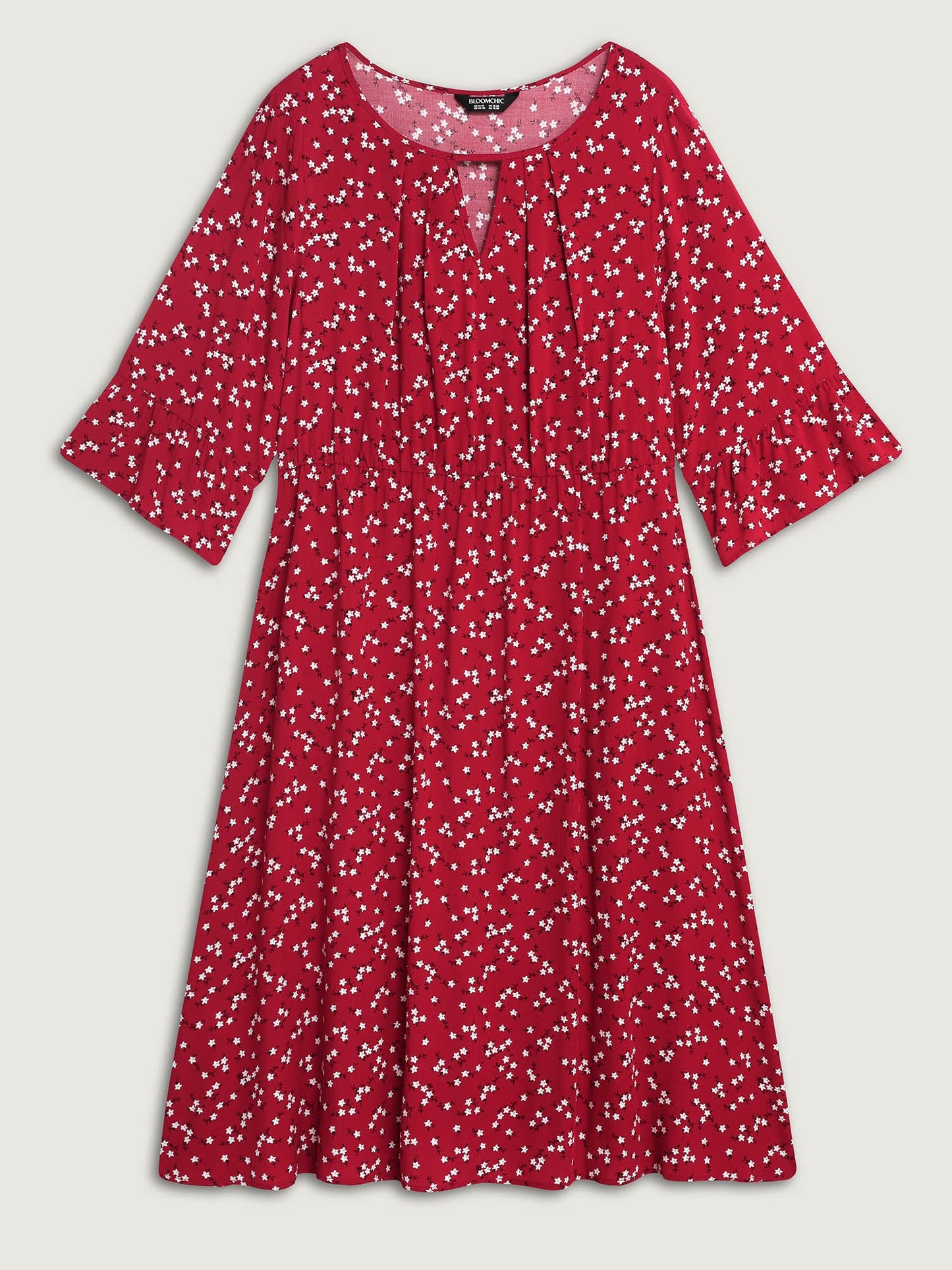 Floral Print Shirred Cut-Out Neck Midi Dress