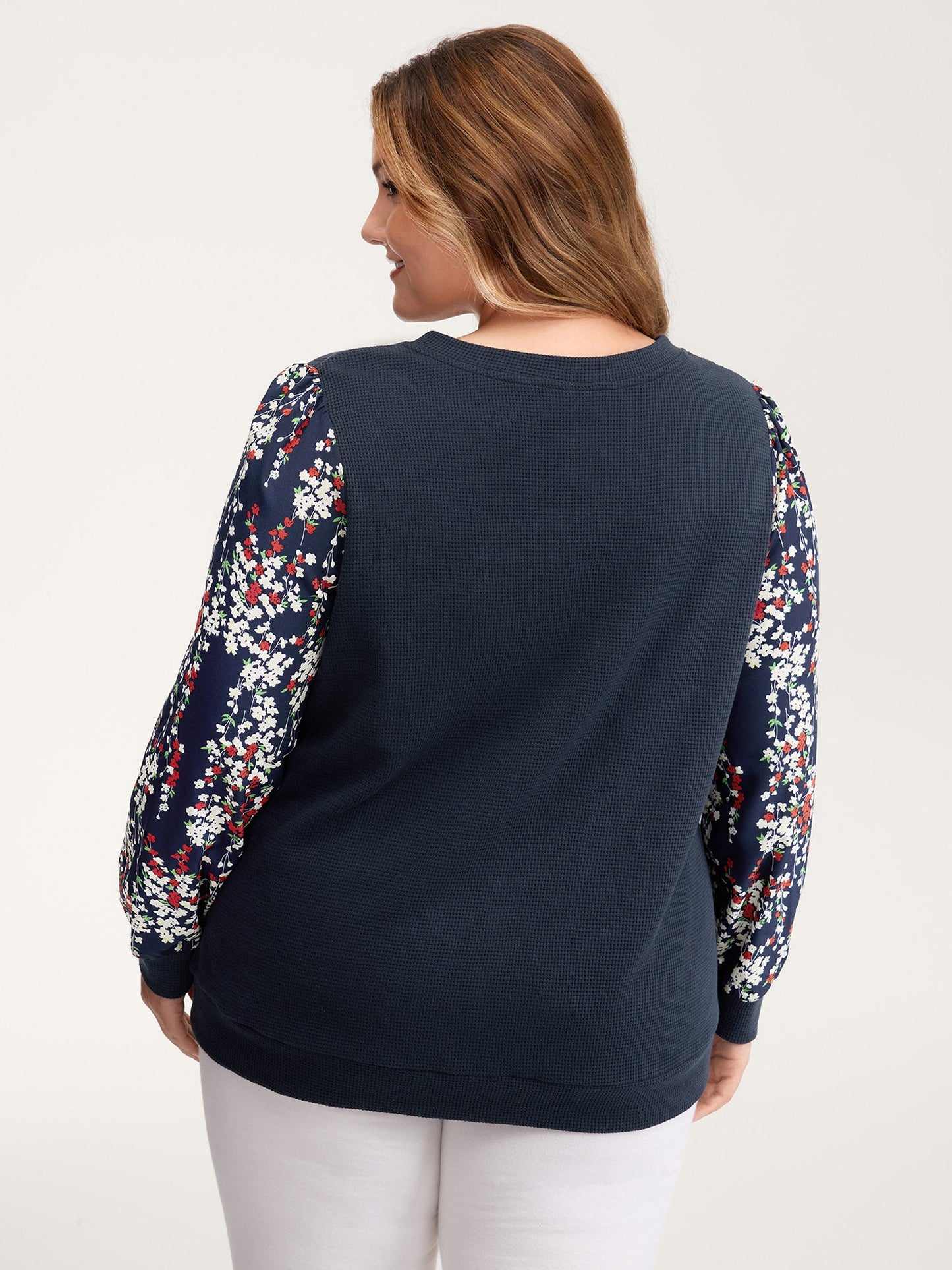 Textured Floral Sleeve V-Neck Sweatshirt