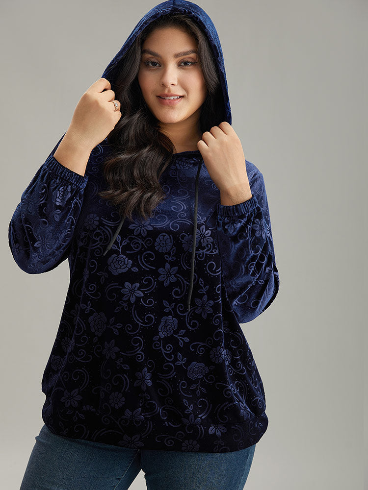 Velvet Solid Floral Hooded Drawstring Sweatshirt