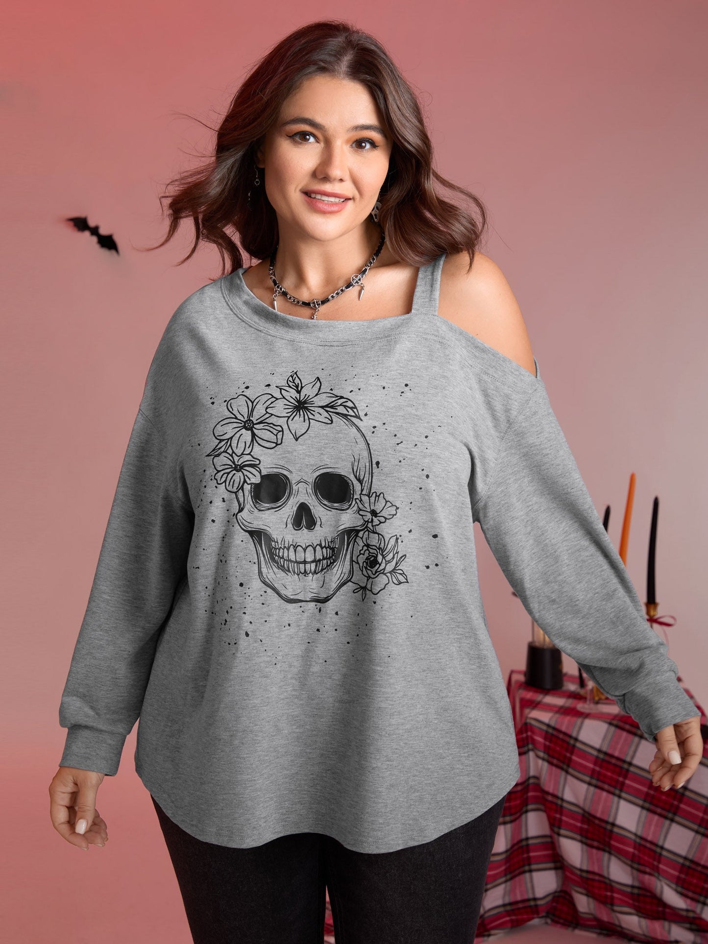 Floral Skull Print One-Shoulder Sweatshirt