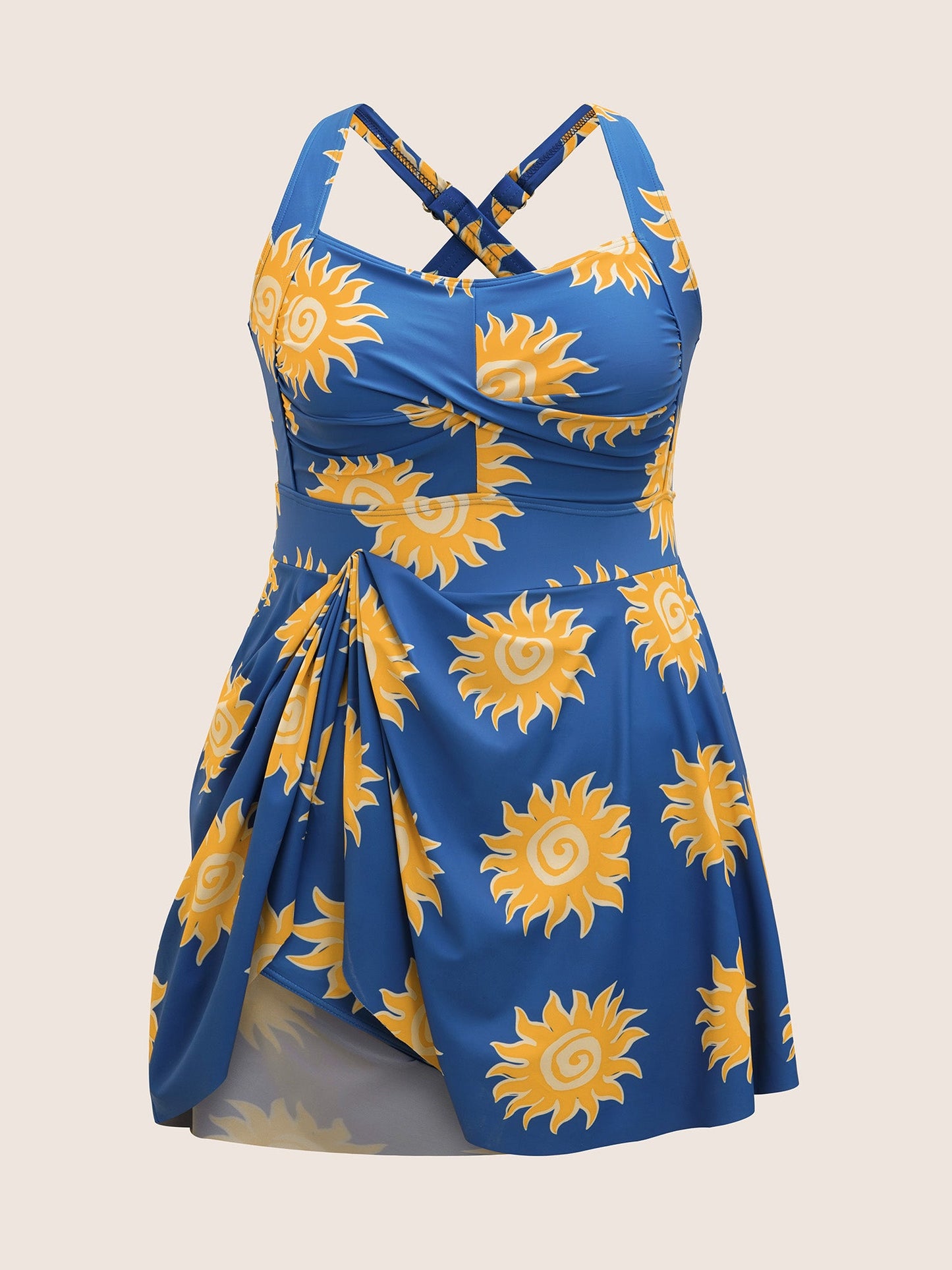 Heart Neckline Sun Print Crossover Swim Dress