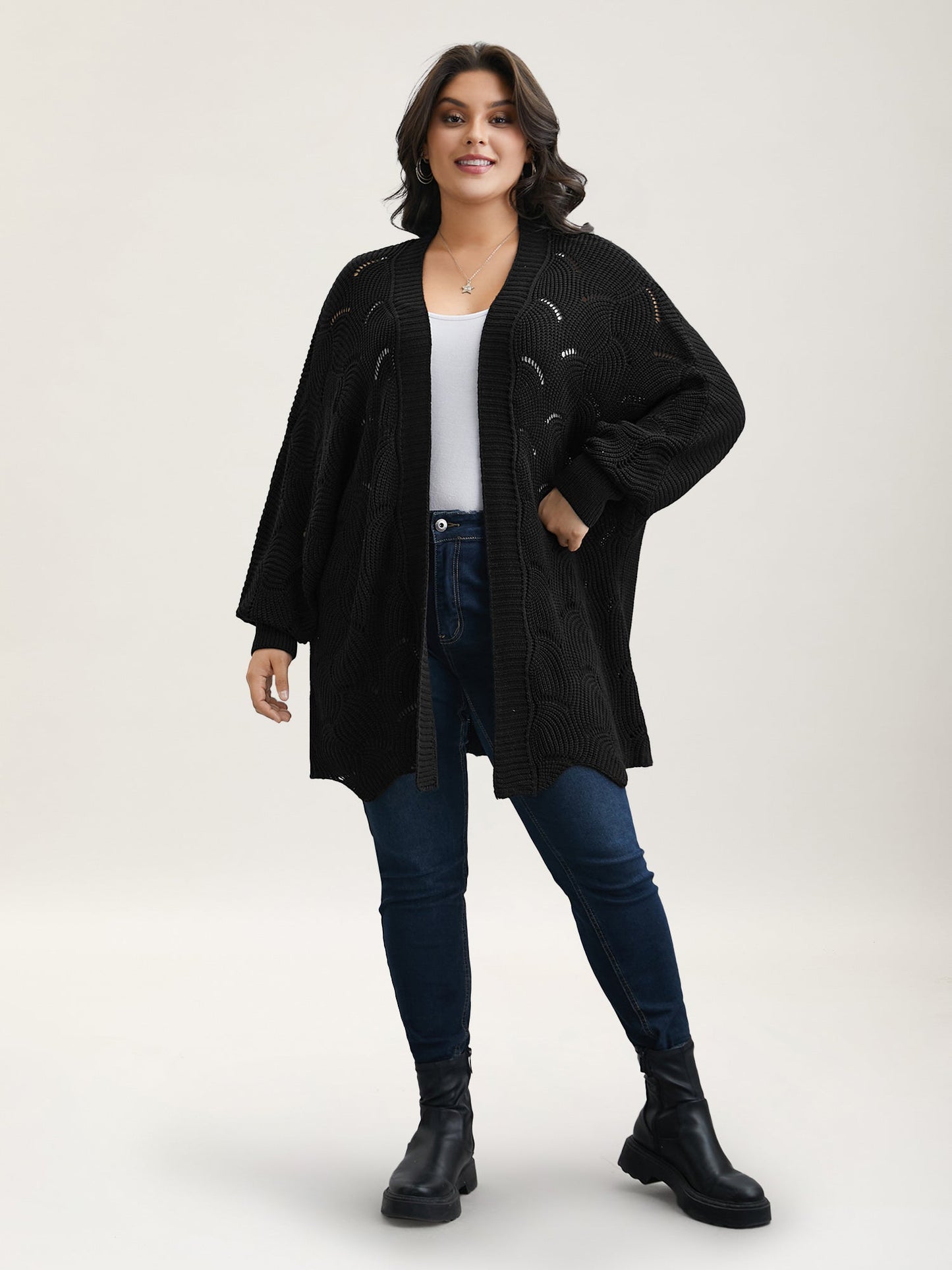 Textured Cut-Out Open-Front Cardigan