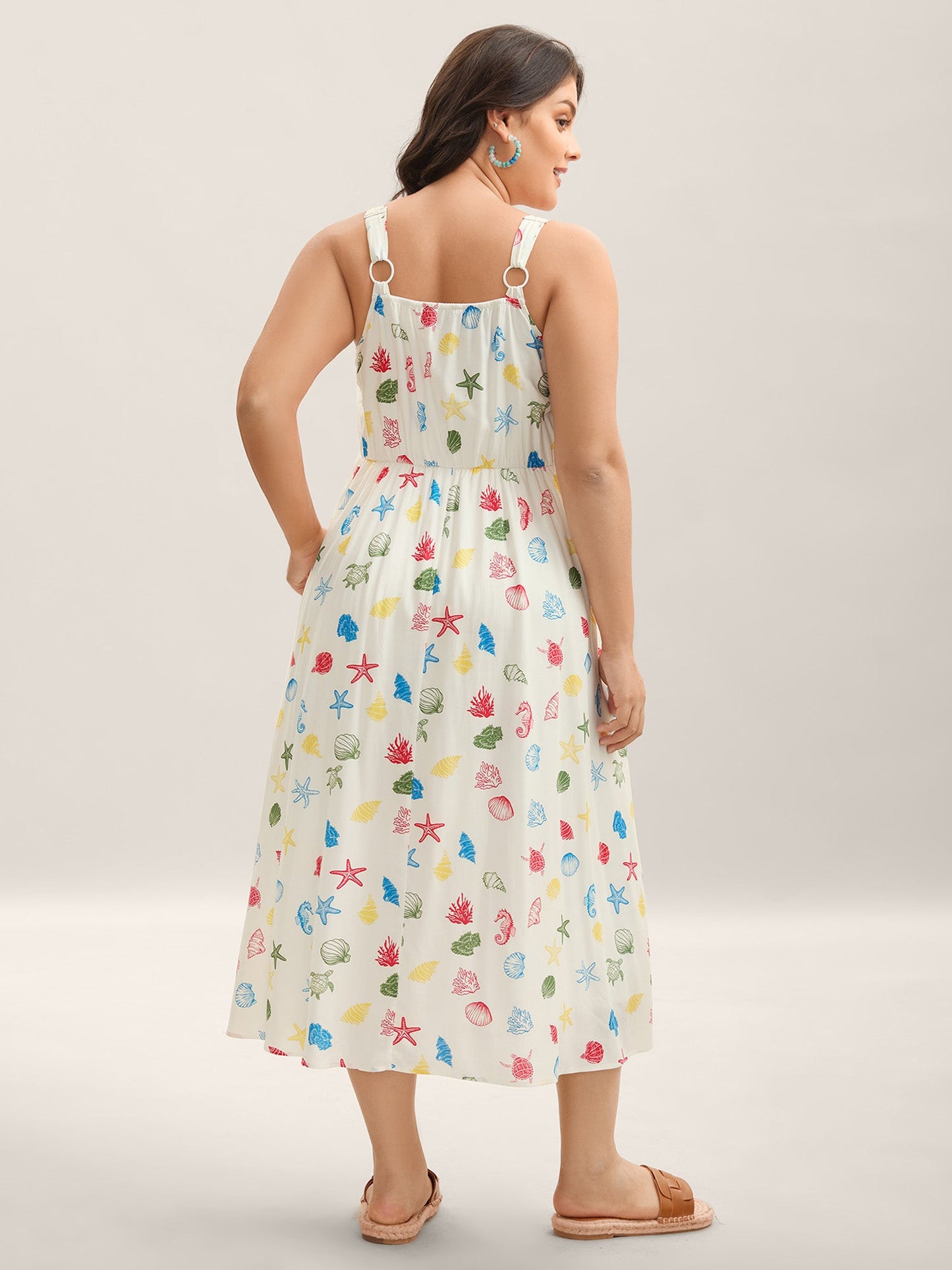 Ocean Print Adjustable Straps Pockets Midi Dress