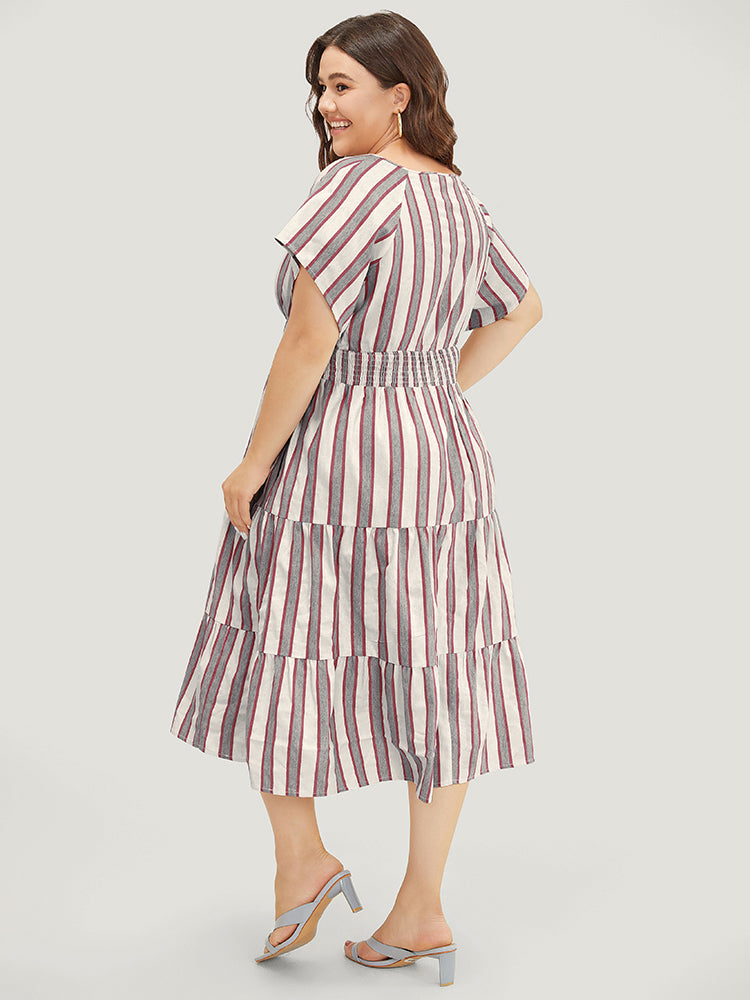 Striped Contrast Pocket Shirred Flutter Tiered Dress