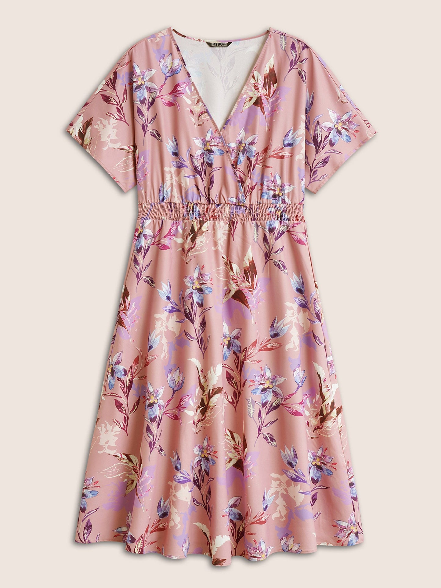 Floral Shirred Overlap Collar Elastic Waist Dress