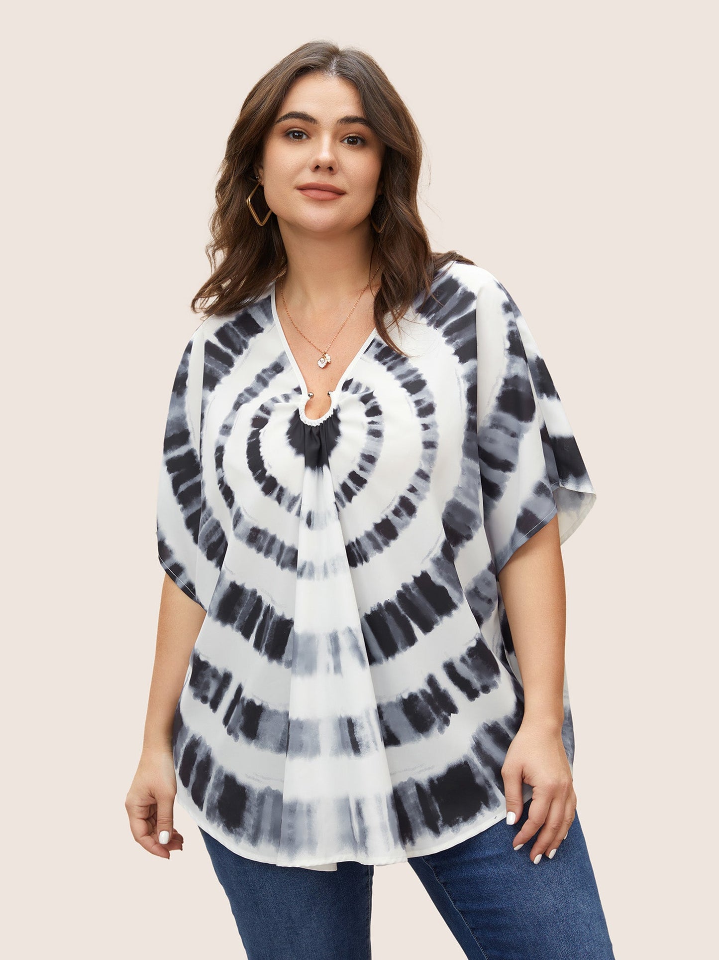 Tie Dye Metal Detail Batwing Sleeve Blouse