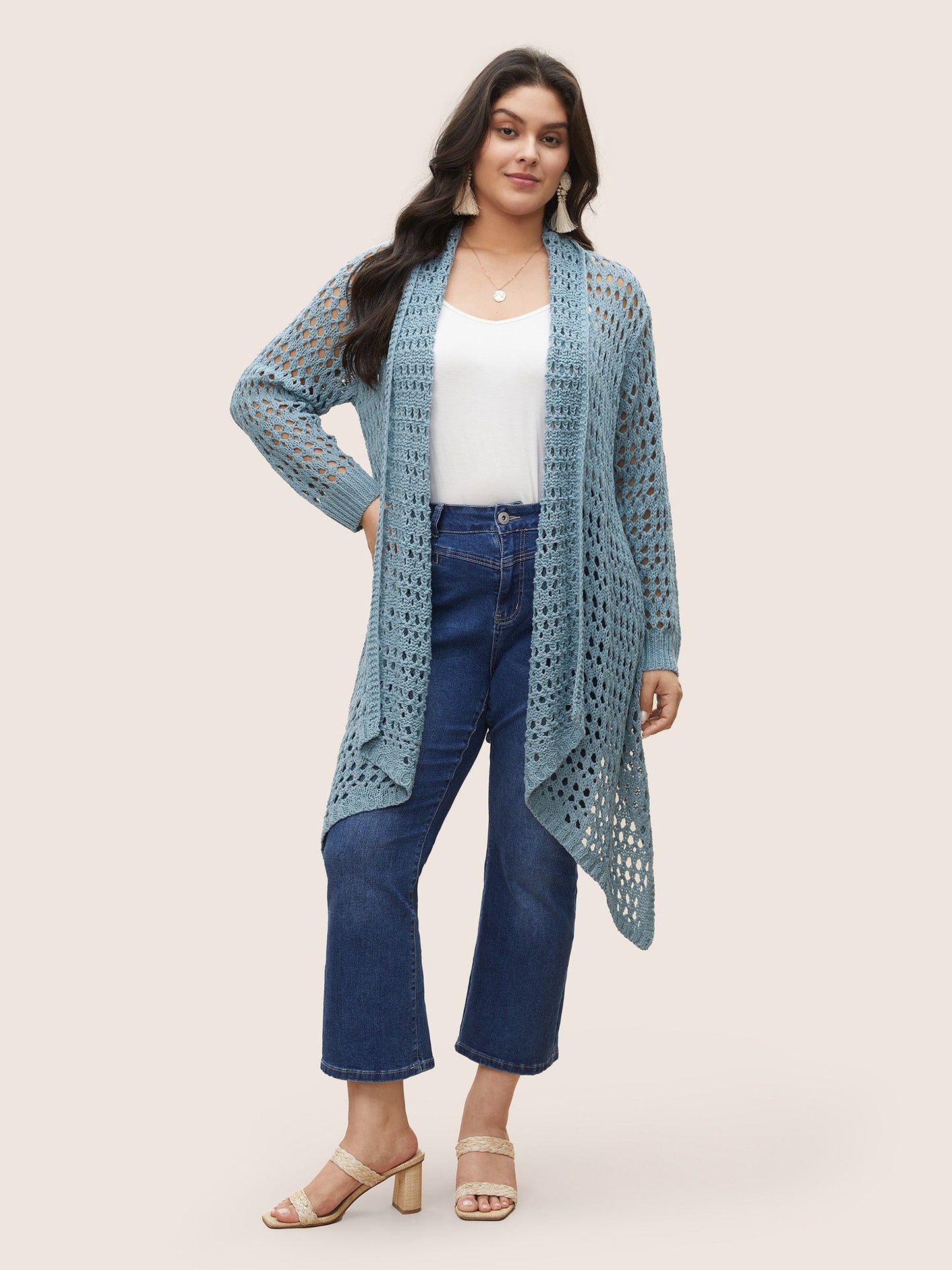 Plain Texture Cut Out Asymmetrical Hem Cardigan