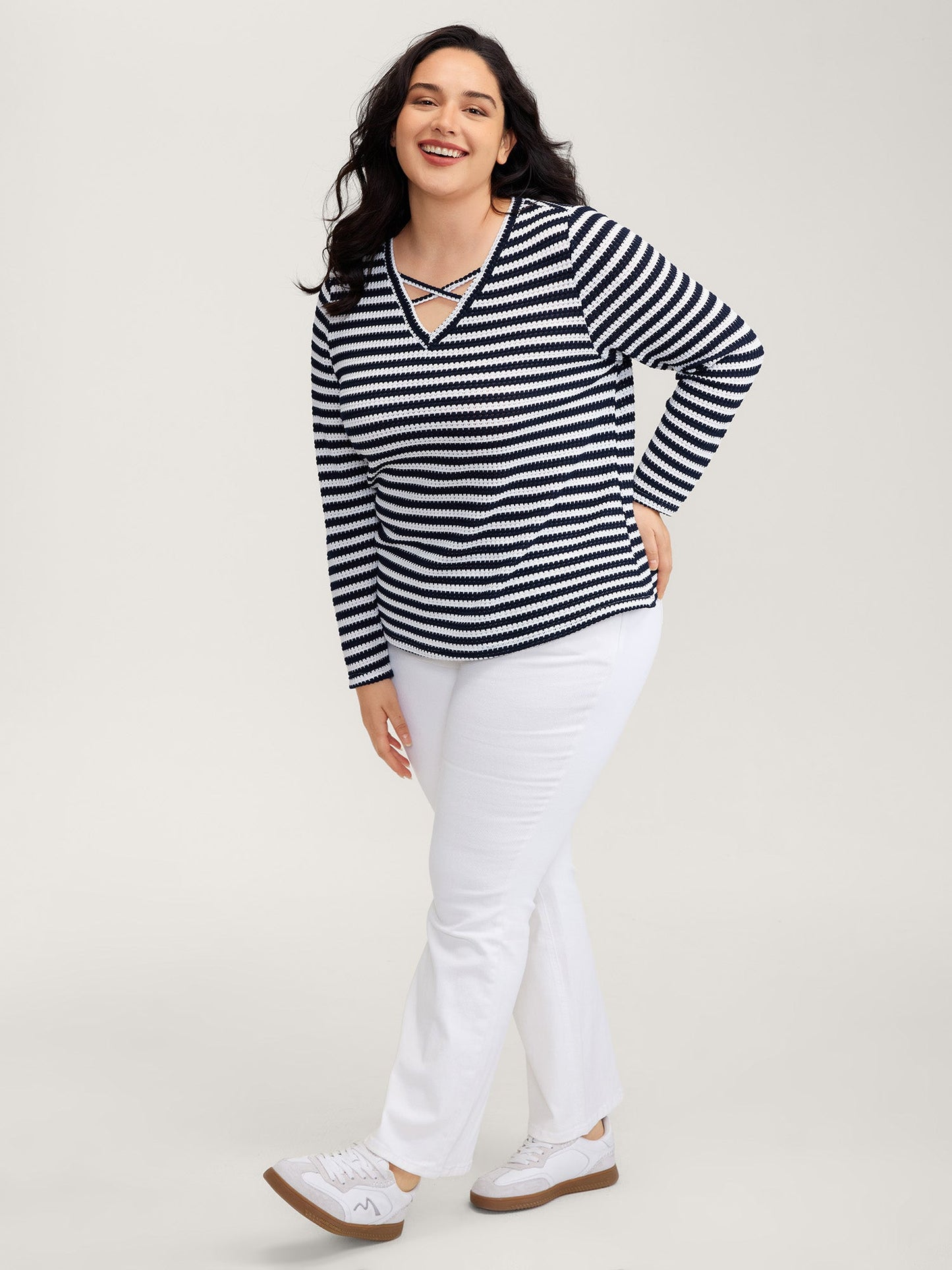 Stripe Stretchy Print V-Neck T-Shirt