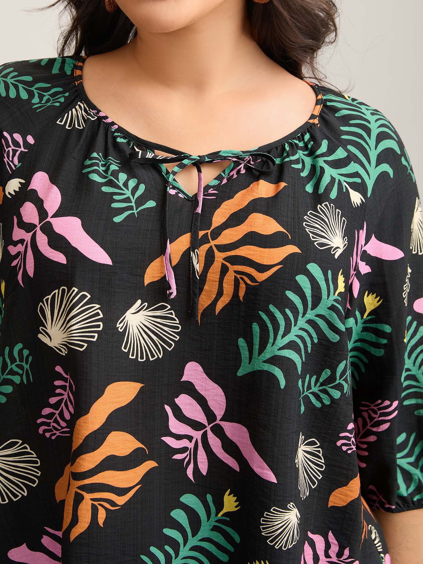 Multi-Color Leaf Print Tassels Blouse