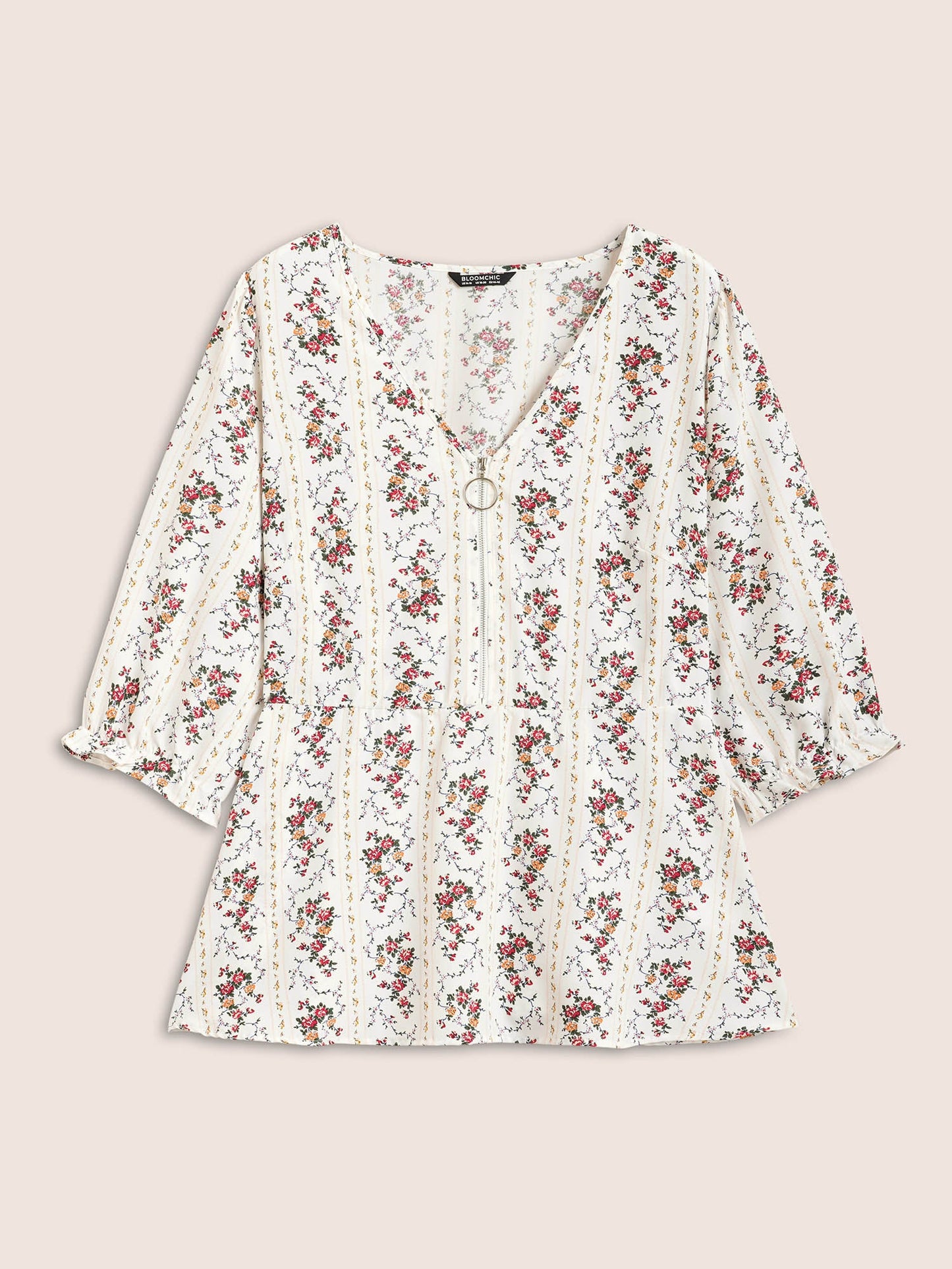 Boho Print O Ring Zipper Lantern Sleeve Blouse