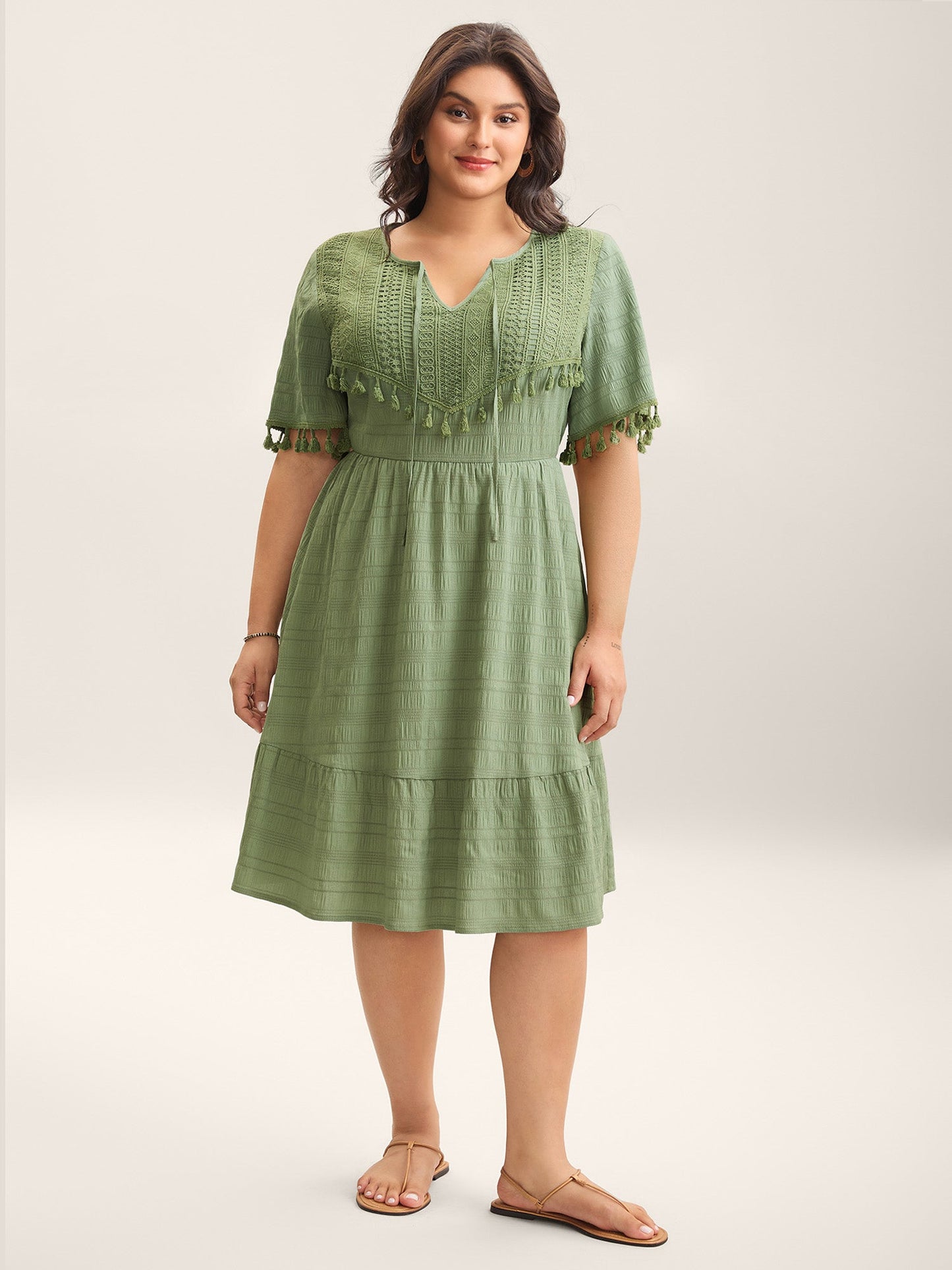 Lace Neck-Tie Pockets Tiered Midi Dress