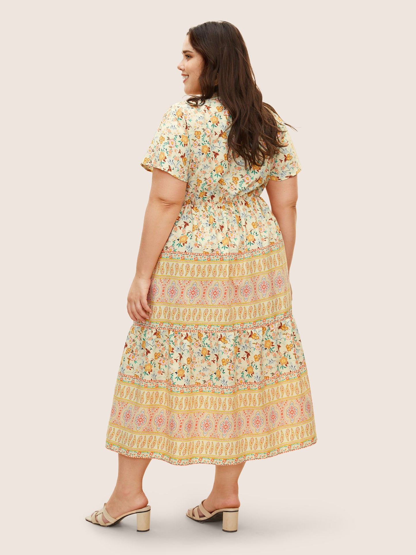 Overlap Collar Boho Print Ruffle Sleeve Dress