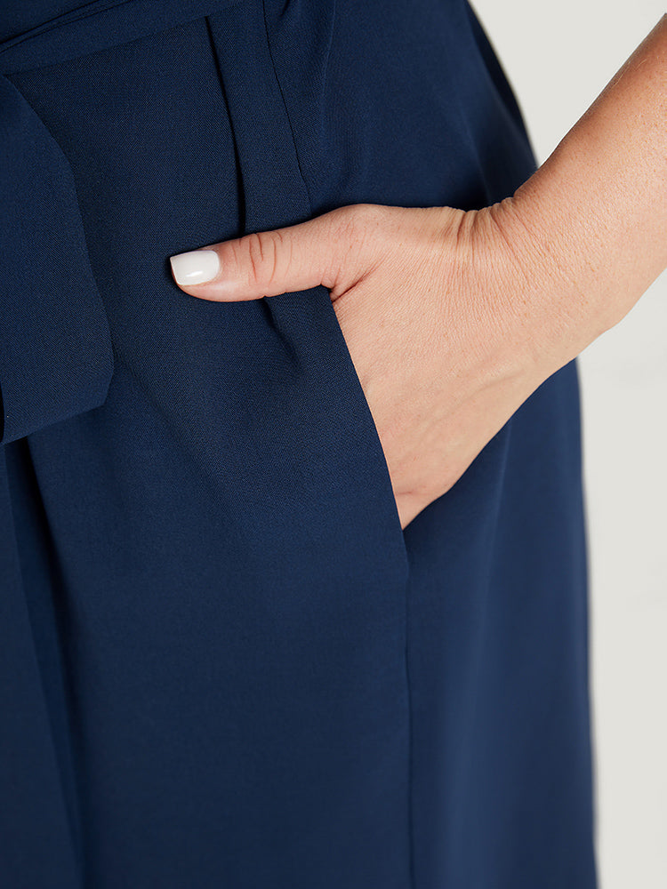 Solid Cuffed Sleeve Button Up Belted Laser Cut Arc Hem Dress