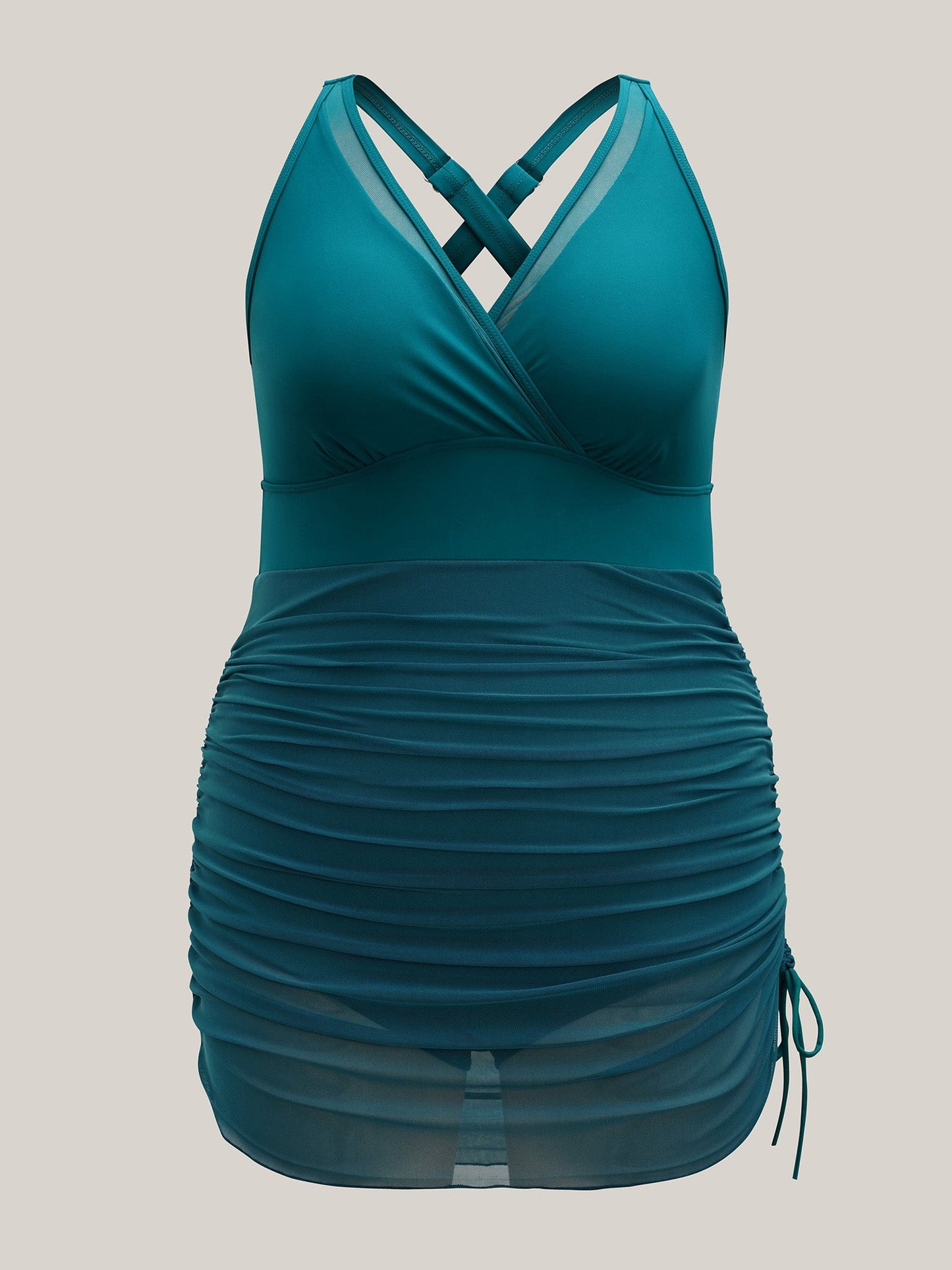 Channel Drawstring Gathered Surplice Neck Swim Dress