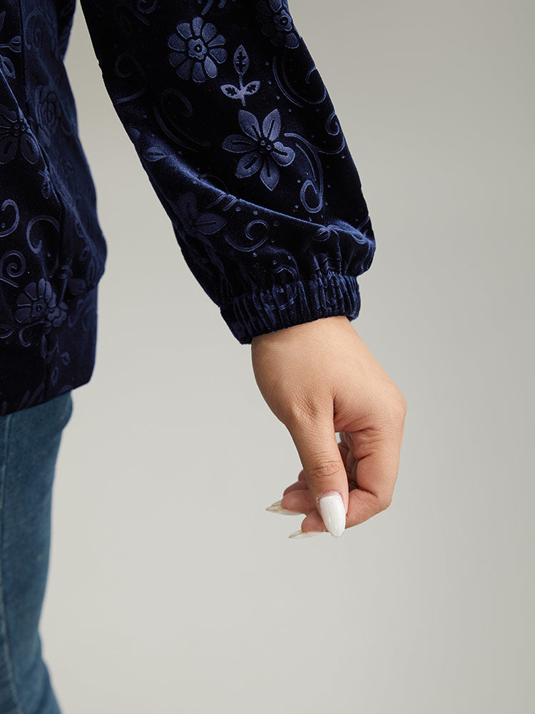 Velvet Solid Floral Hooded Drawstring Sweatshirt