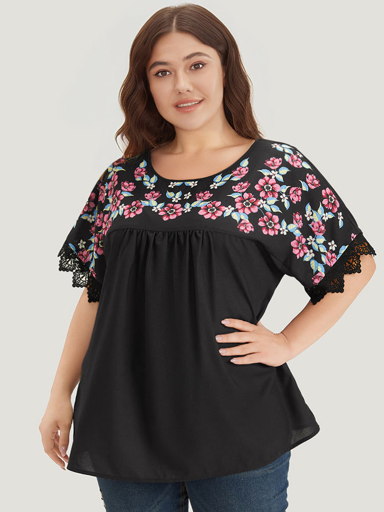 Floral Print Patchwork Lace Trim Gathered Blouse
