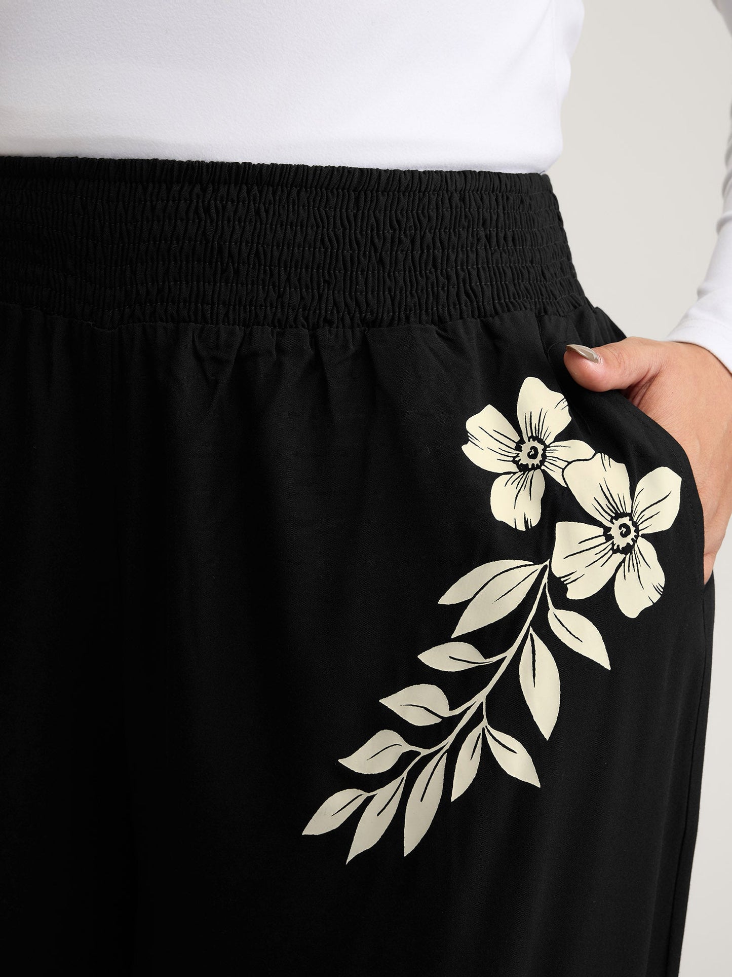 Floral Print Shirred Waist Wide-Leg Pants