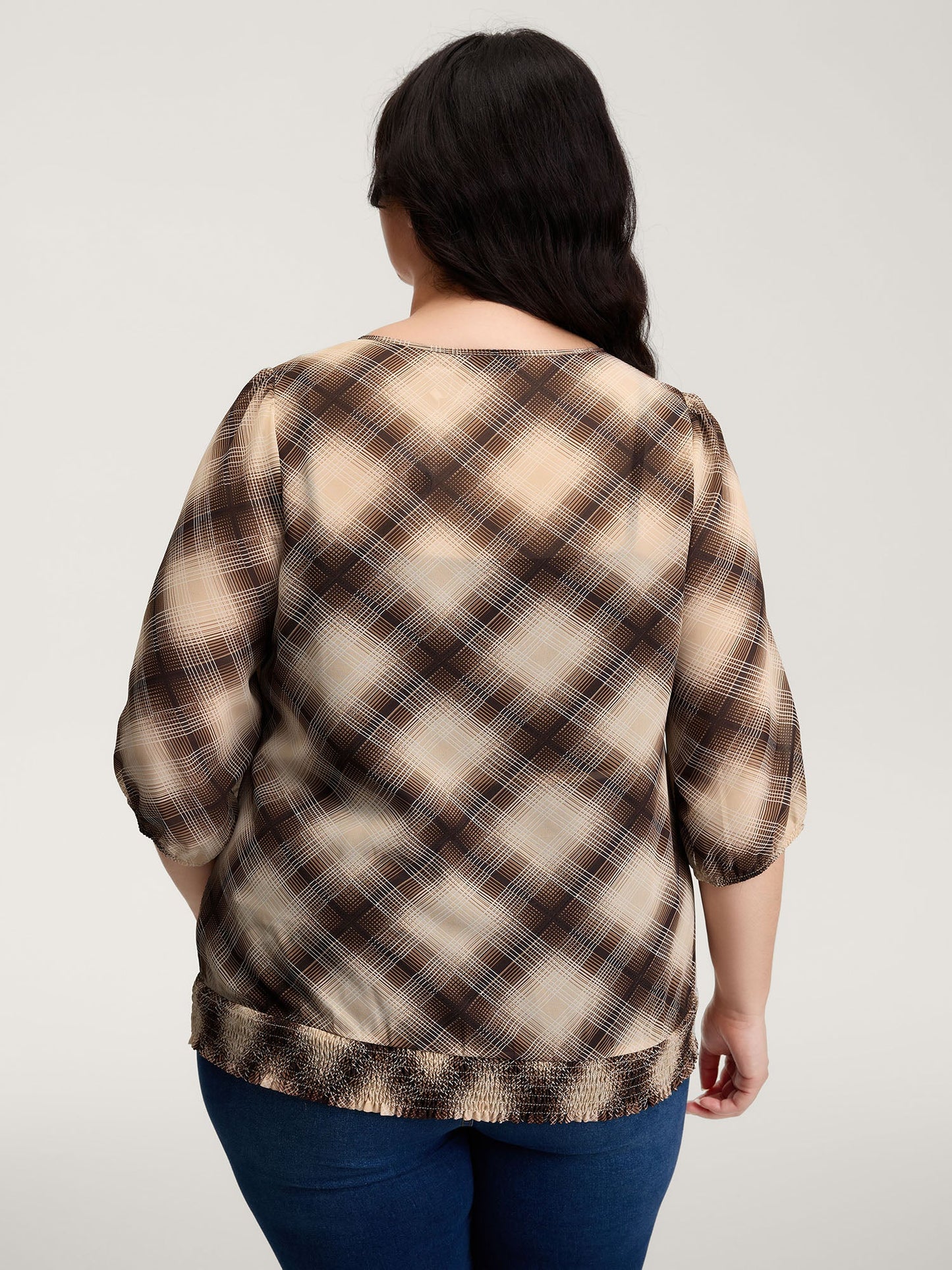 Plaid Half-Button Placket Semi-Sheer Blouse