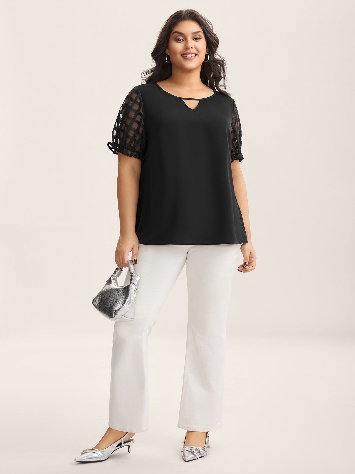 Sheer Grid Neck Keyhole Blouse
