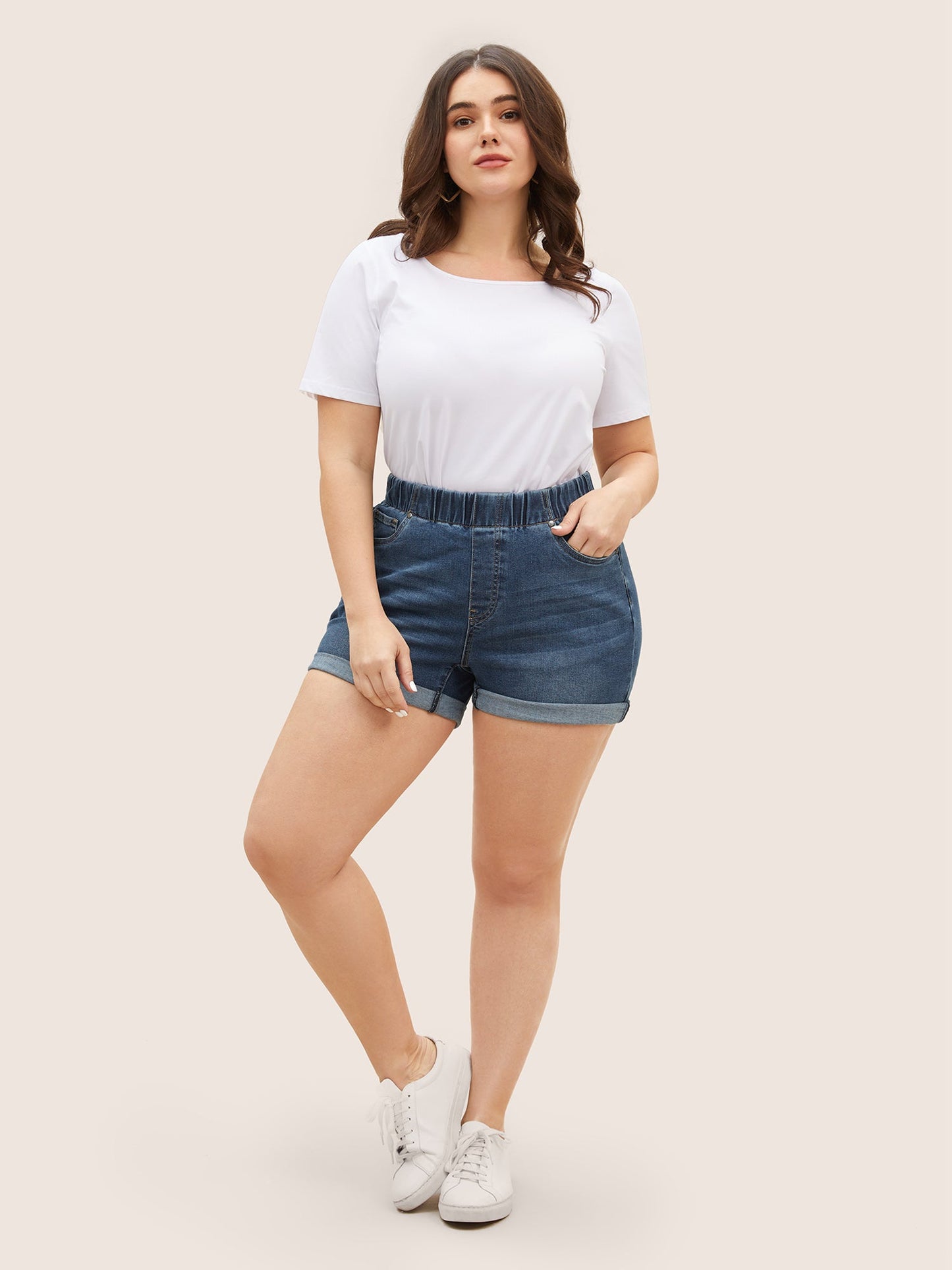 Dark Wash Elastic Waist Roll Hem Denim Shorts