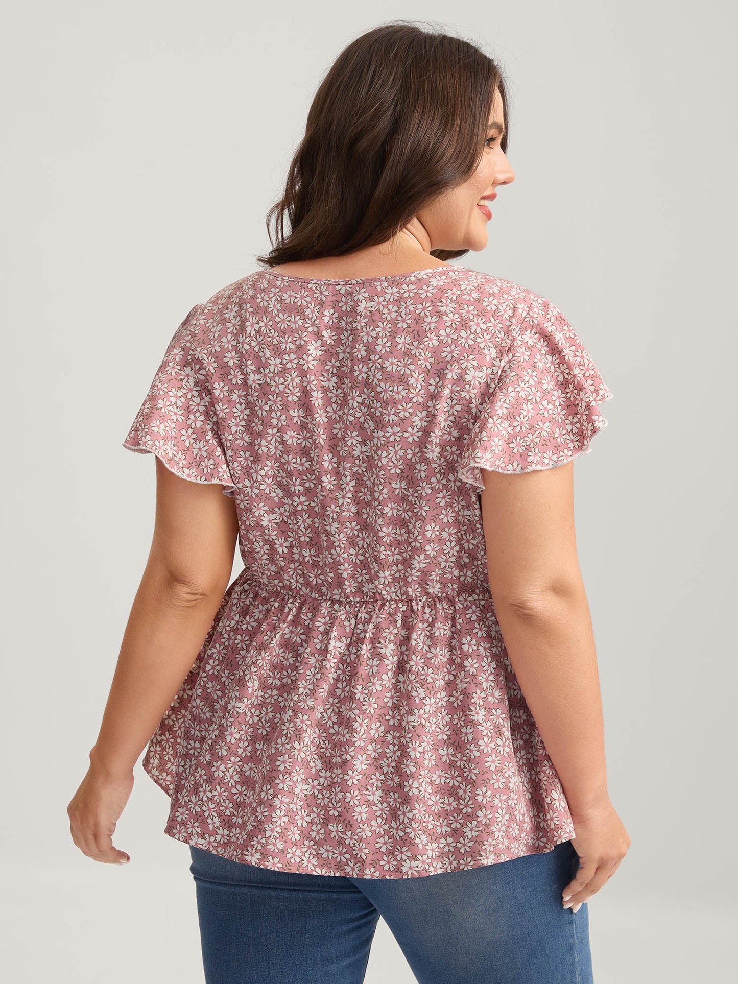 Ribbon Neck Floral Print Ruffled Blouse