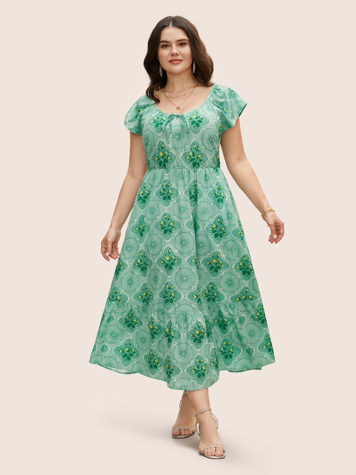 Moroccan Print Ruffle Cap Sleeve Maxi Dress