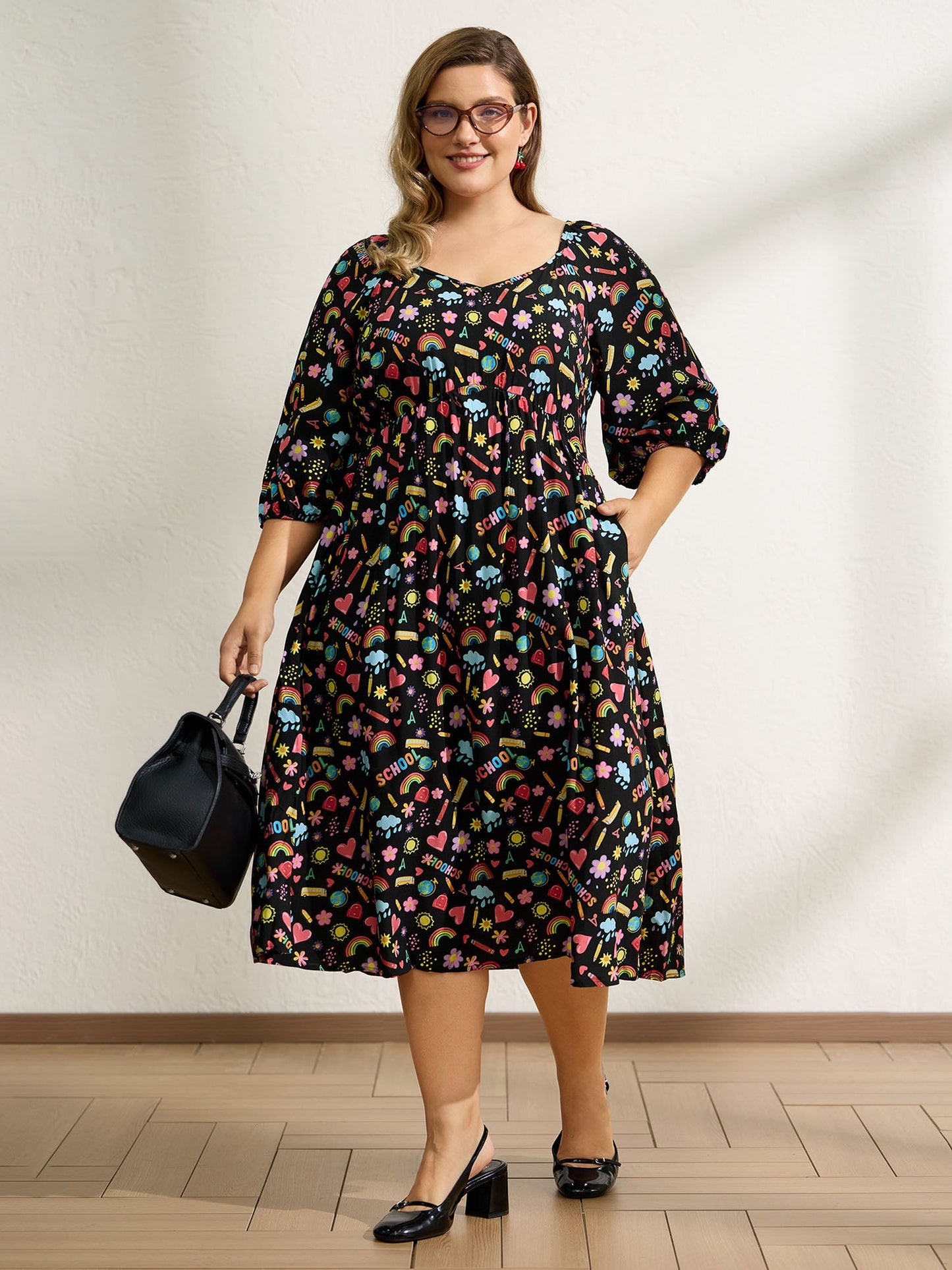 Playful School Print Rayon Deep Neck Midi Dress