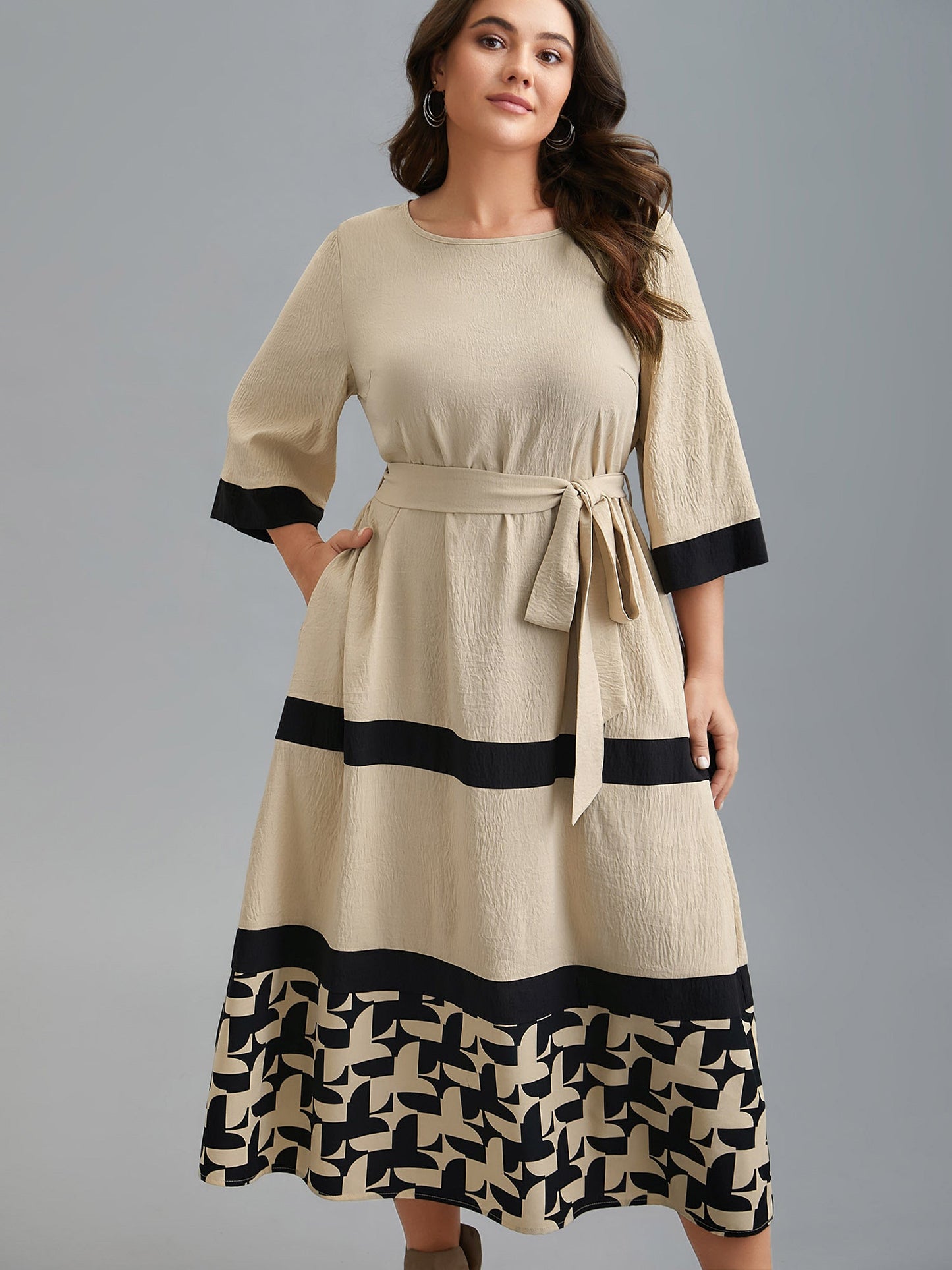 Color-Block Belted Pockets Midi Dress