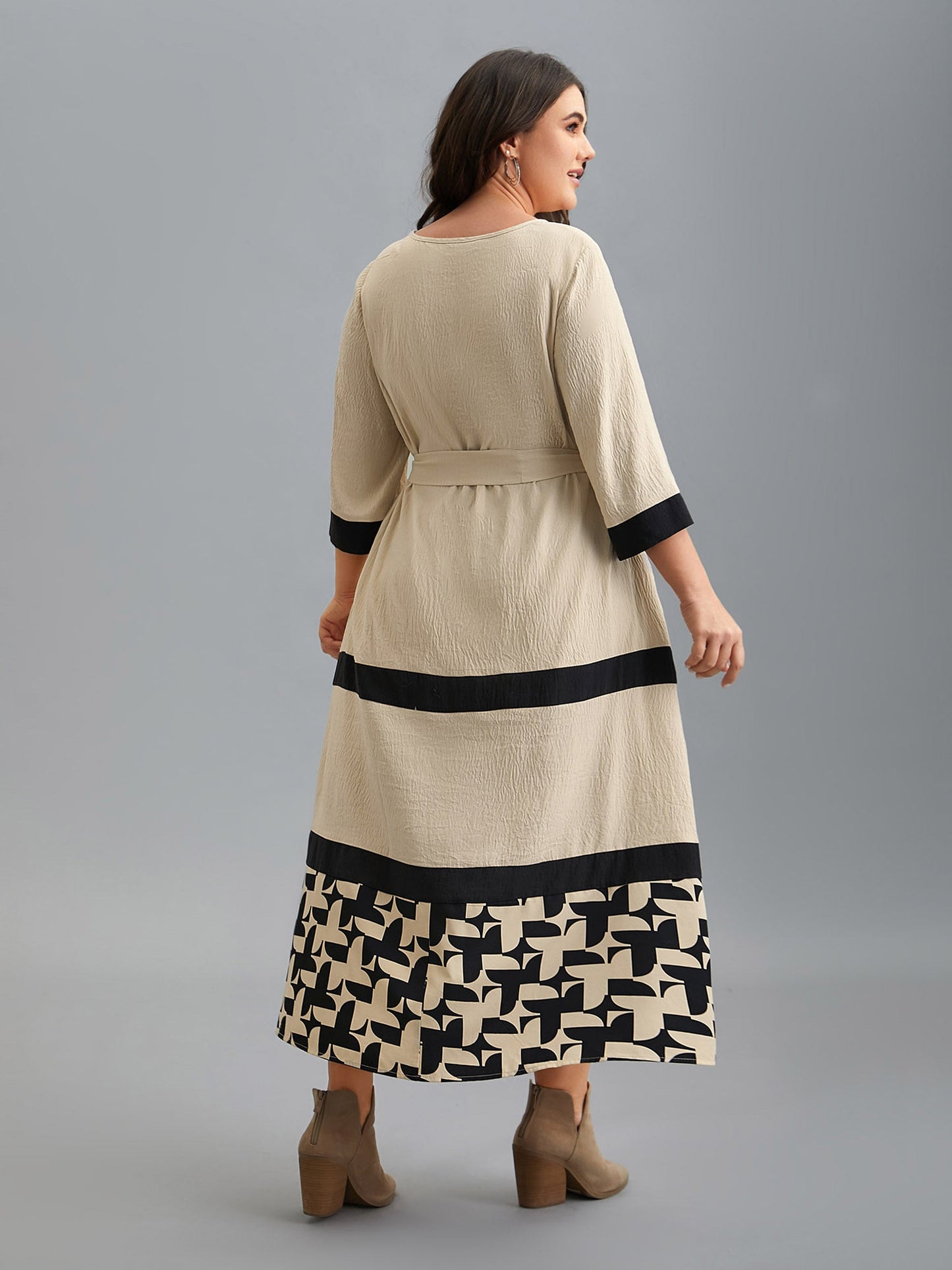 Color-Block Belted Pockets Midi Dress