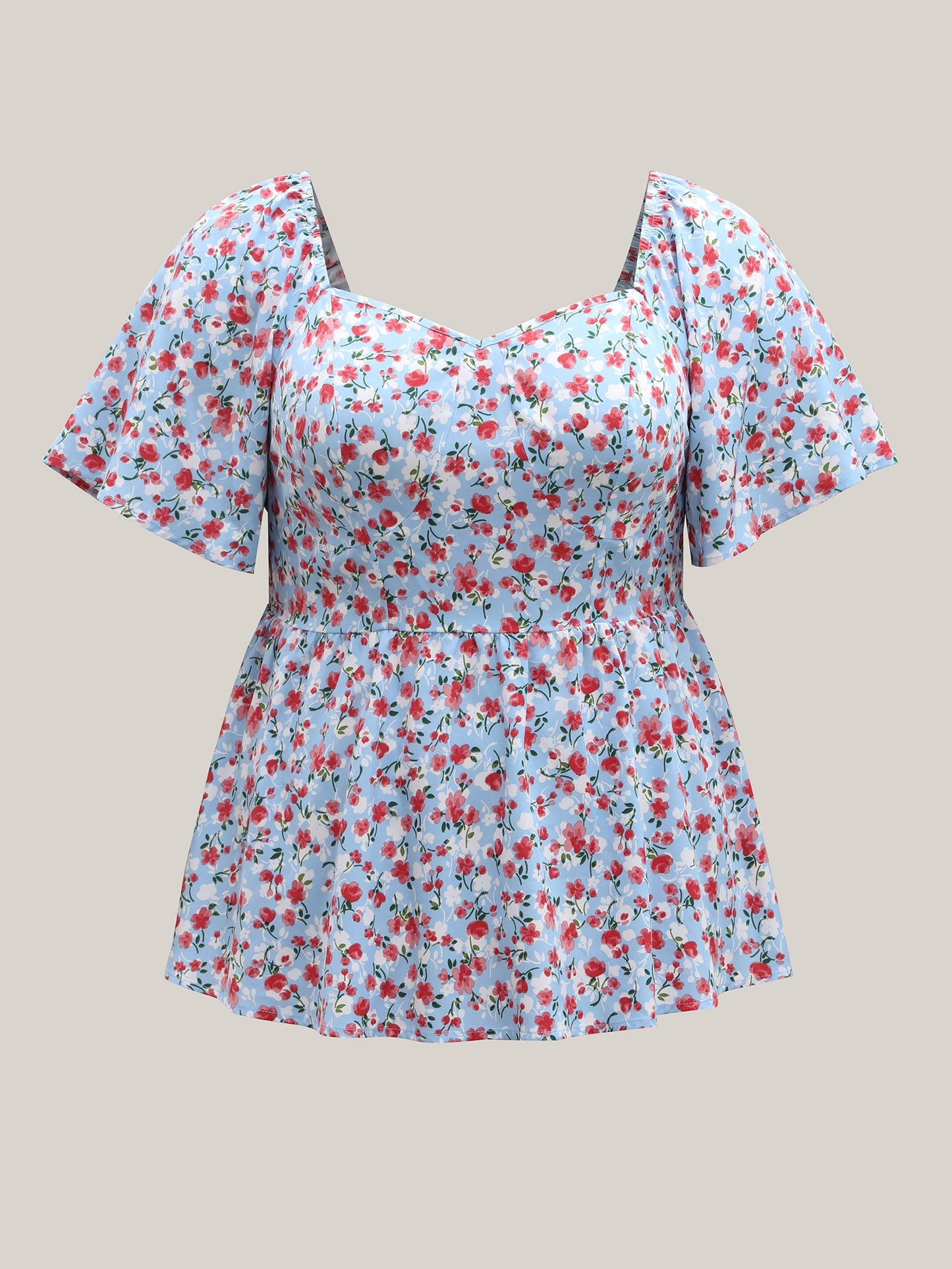 Floral Print Sweetheart Cinched-Waist Blouse