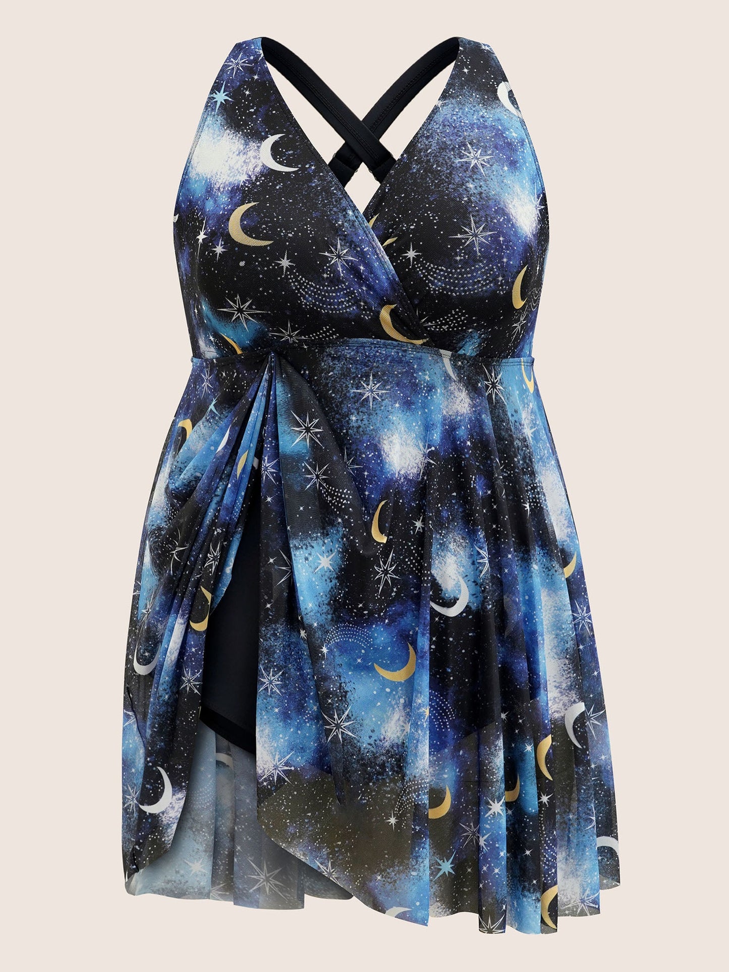 Overlap Collar Star & Moon Mesh Swim Dress