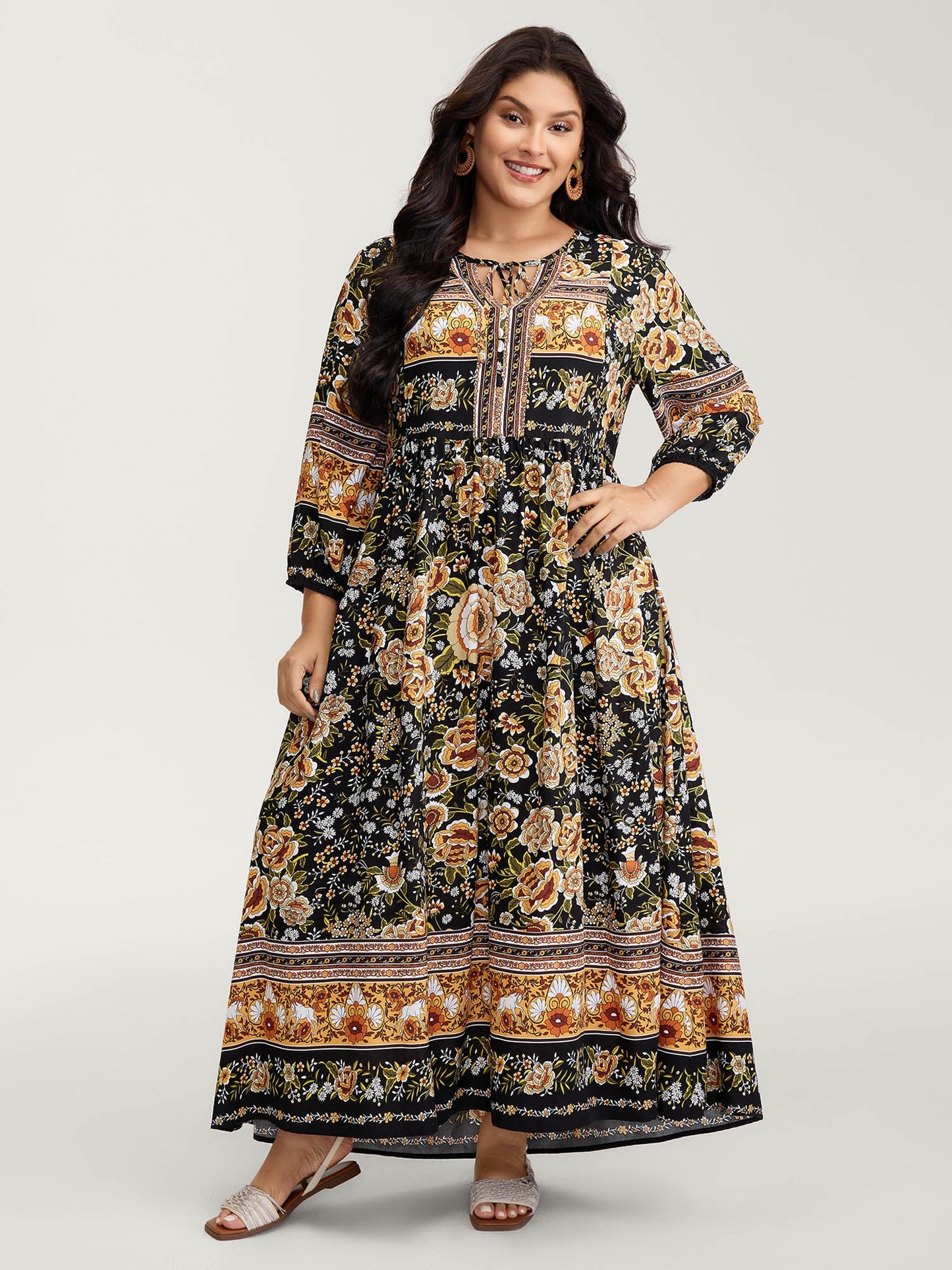 Floral Print Contrast Puffy Sleeve Maxi Dress