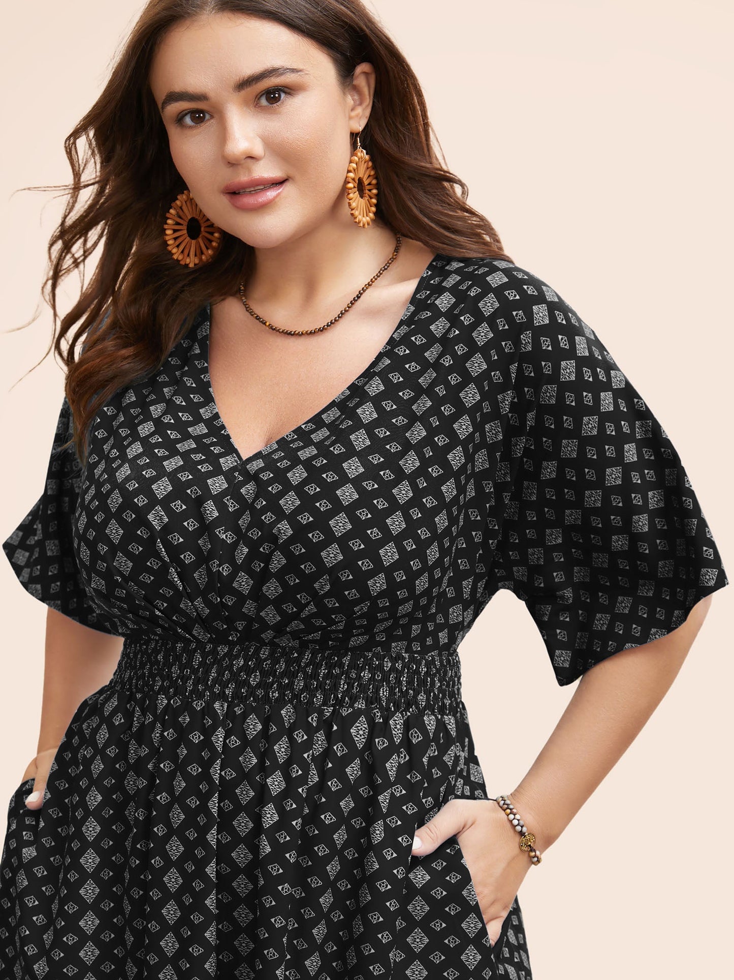 Boho Print Shirred Pleated Dolman Sleeve Dress