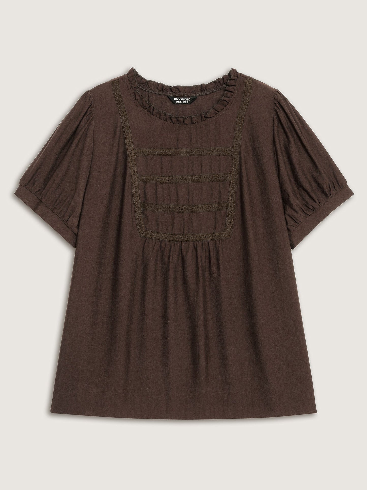 Lace Trim Ruffled Neck Solid Blouse