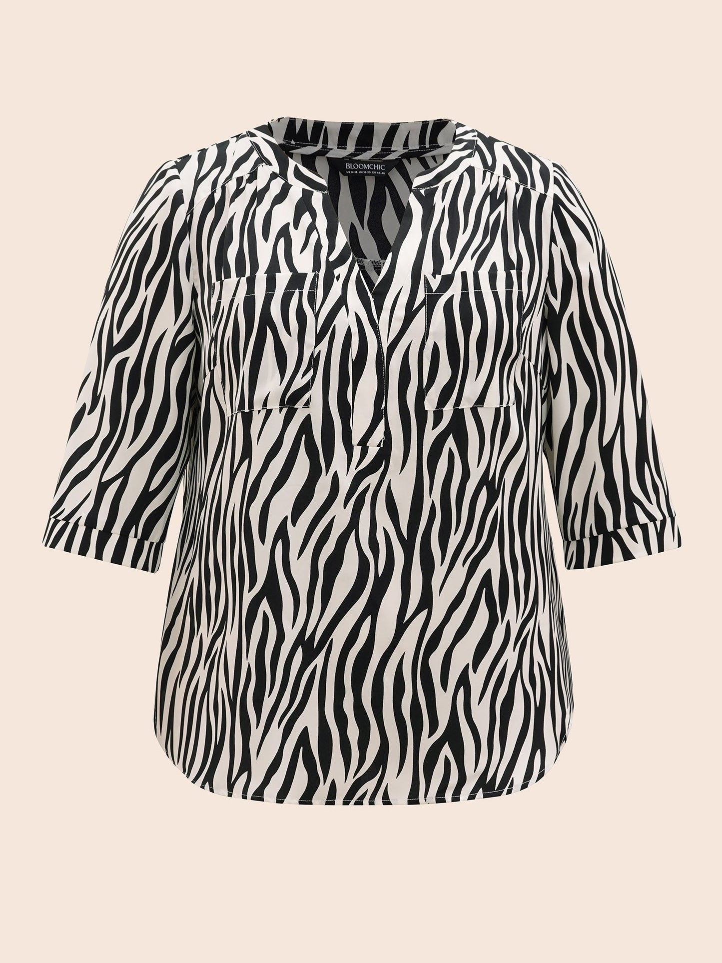 Zebra Print Notched Patched Pocket Blouse
