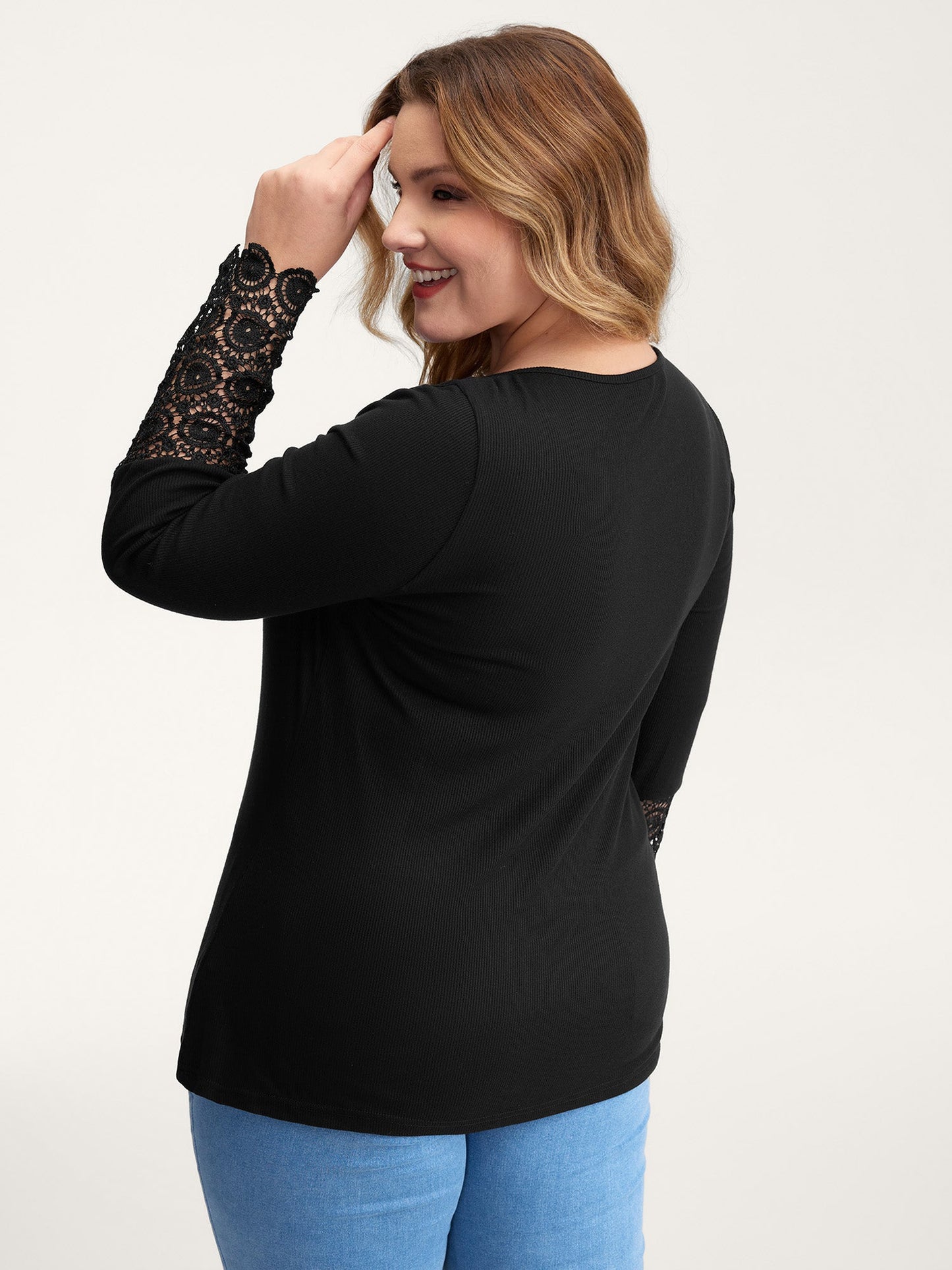 Lace Sleeve Button Placket T-Shirt