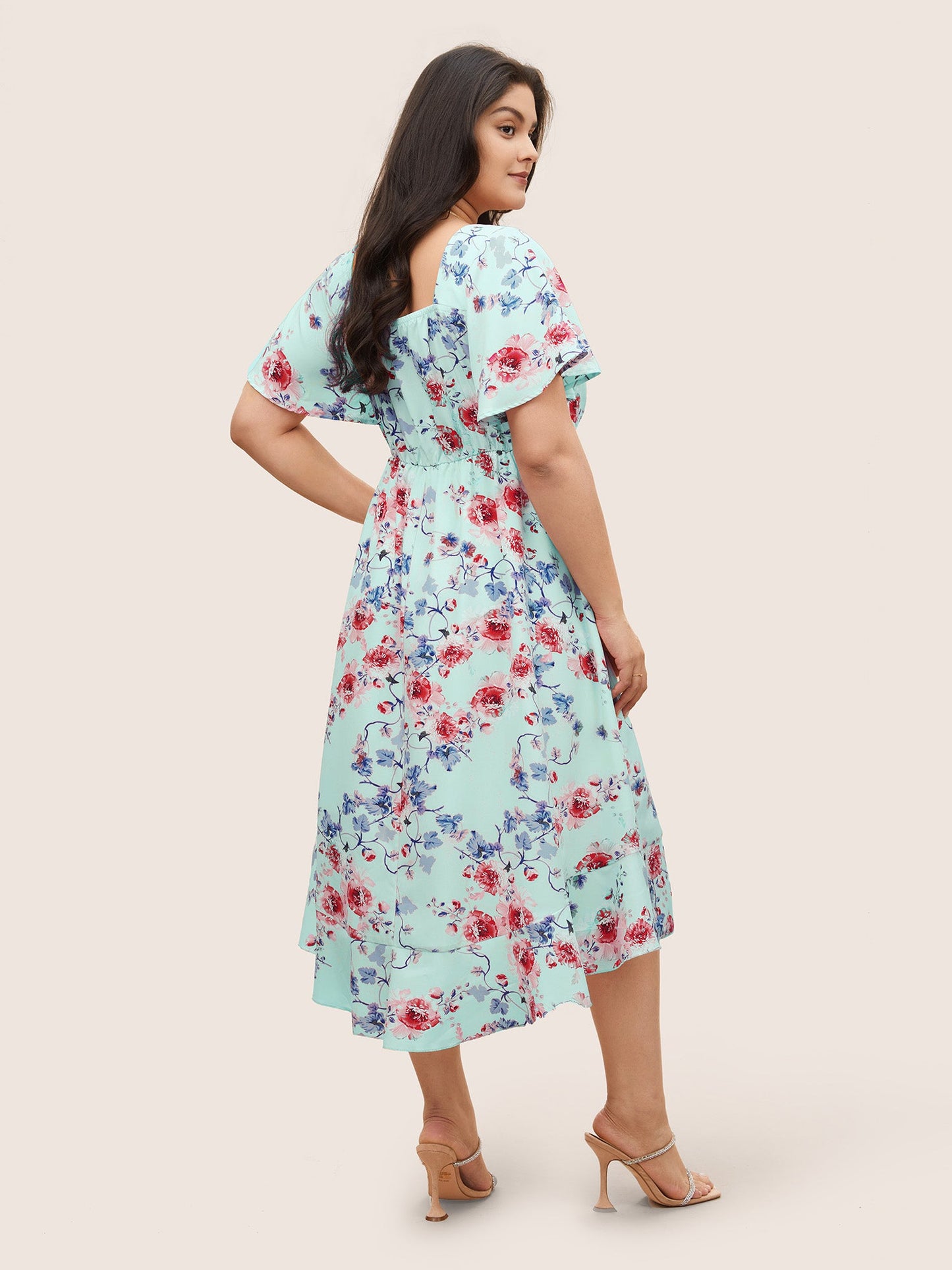 Square Neck Floral Print Gathered Drawstring Dress