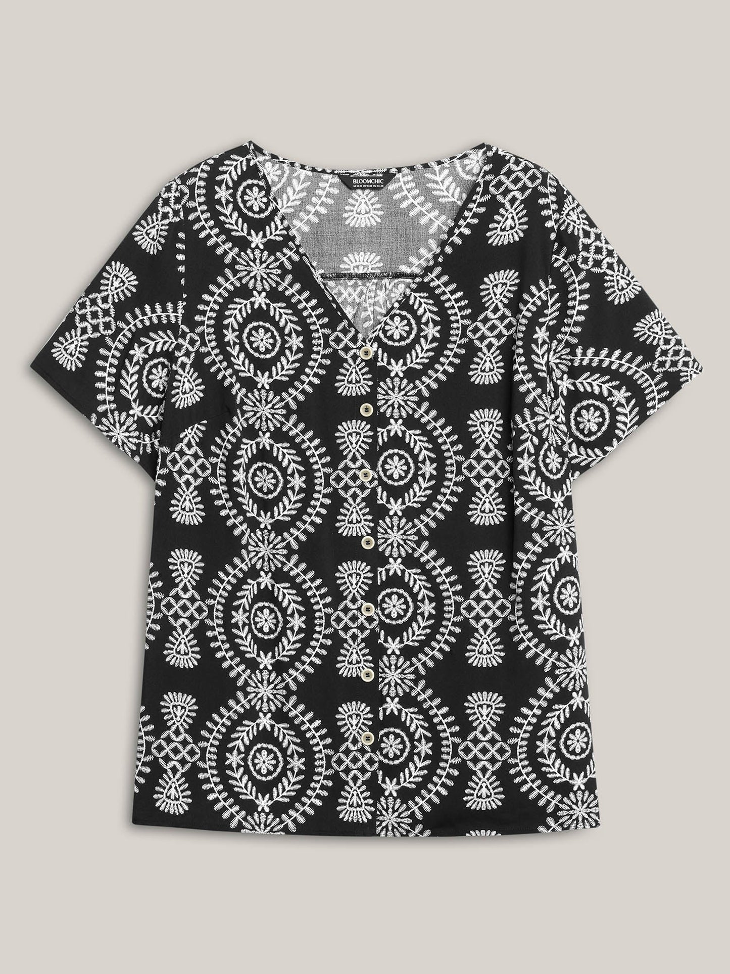 Boho Print Button Placket Blouse