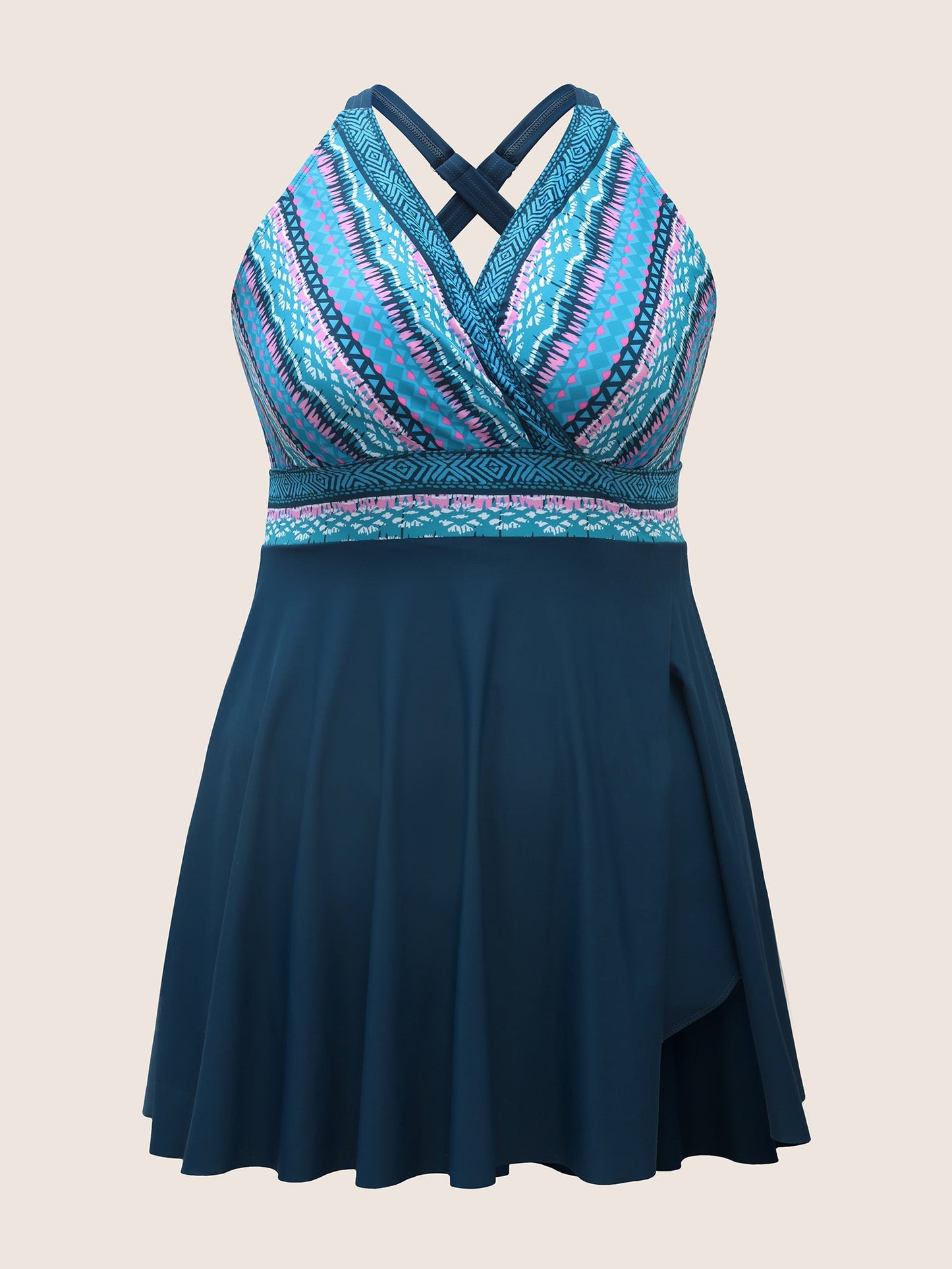 Overlap Collar Bandana Patchwork Split Hem Swim Dress