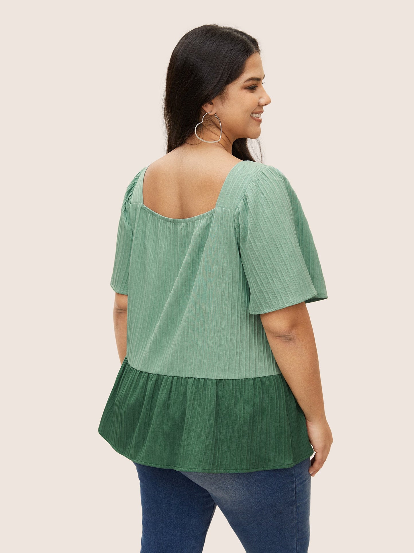 Two Tone Textured Shirred Patchwork Ruffles Hem Blouse