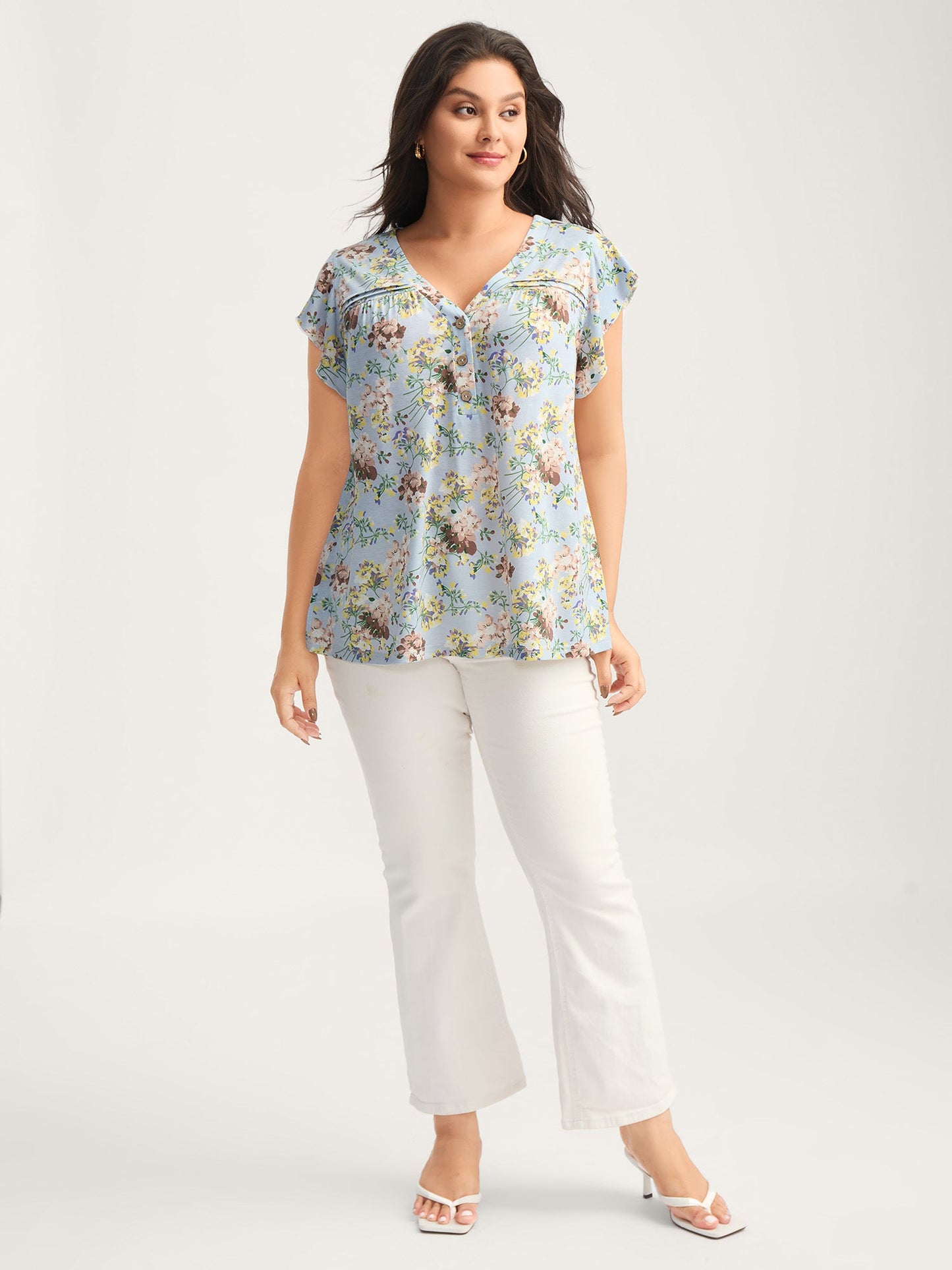 Floral Pleated Button Detail Blouse