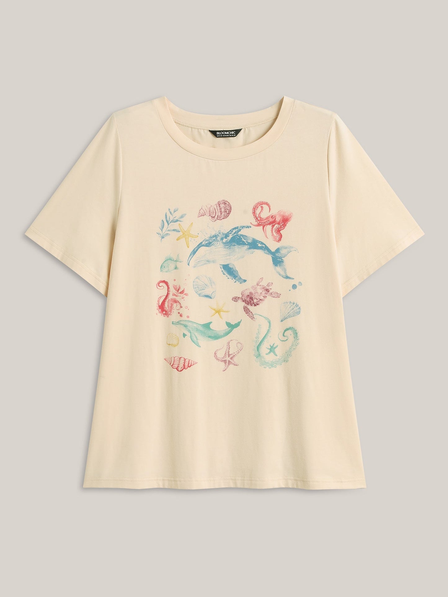 Ocean Print Round Neck Fitted T-Shirt