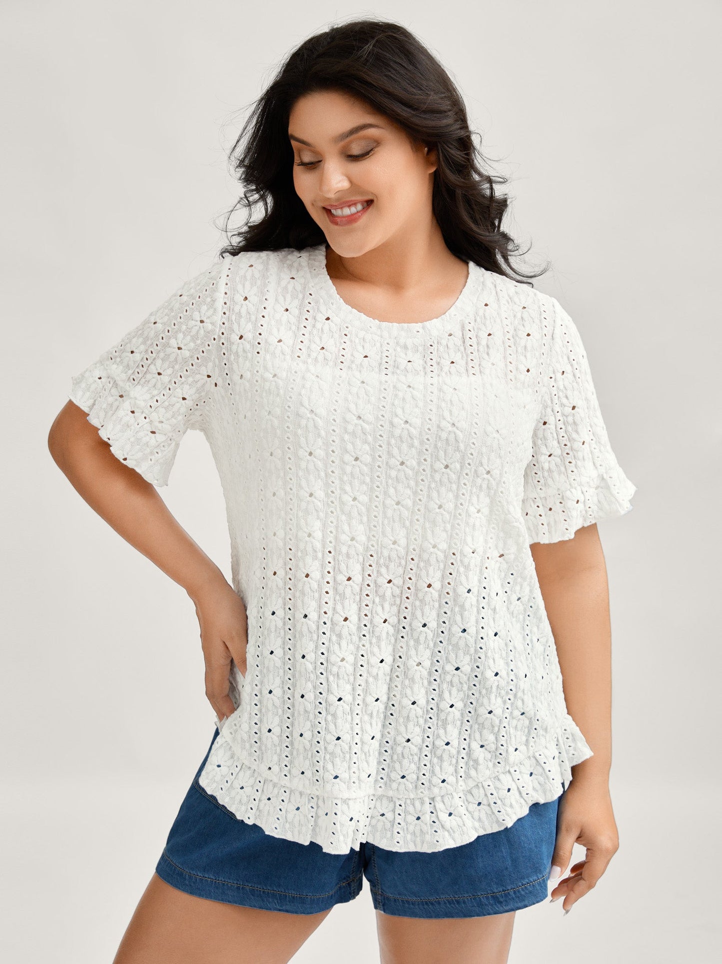 Floral Eyelet Trim Ruffled Hem Top
