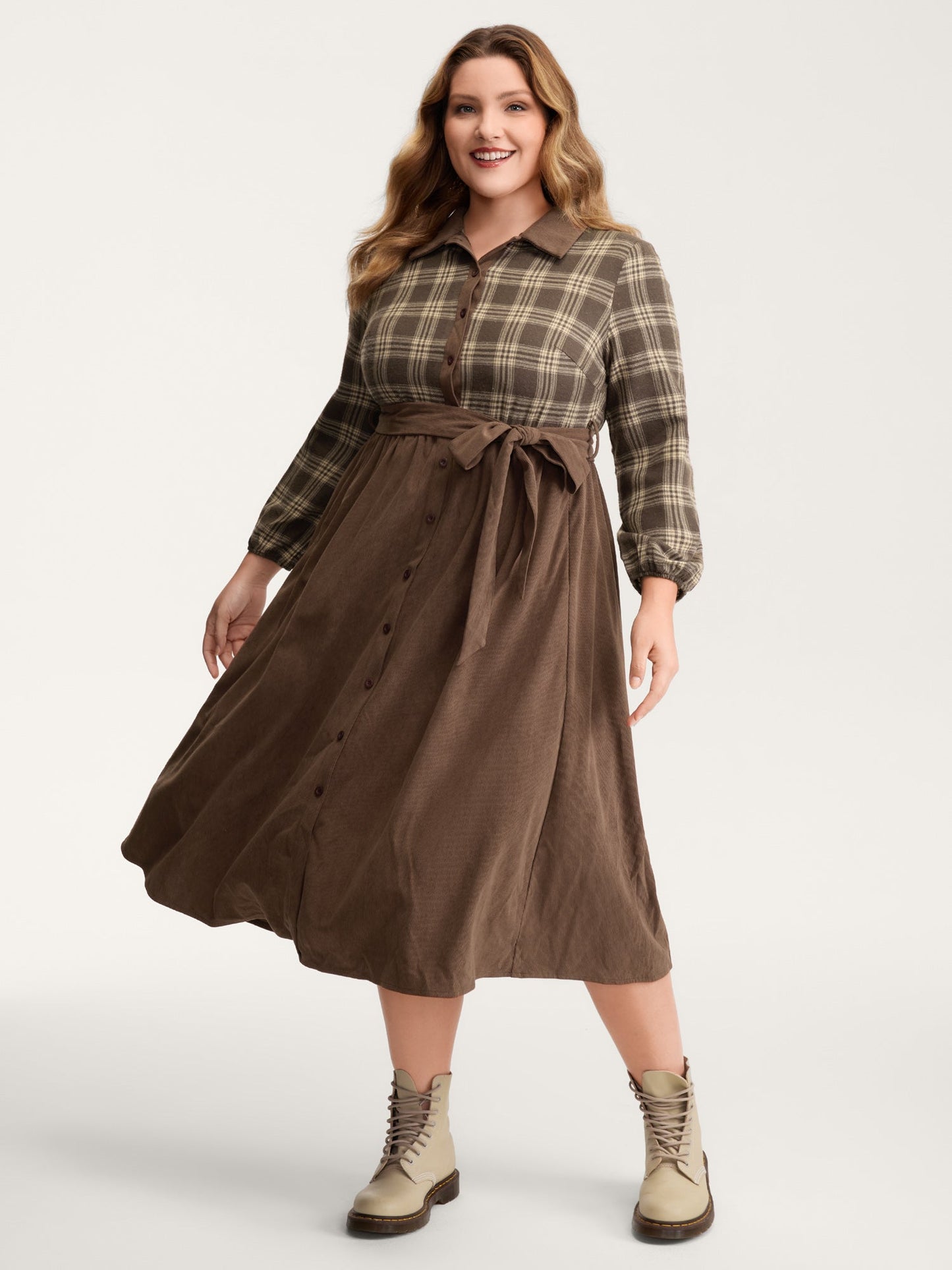 Plaid Pattern Contrast Waist-Tie Midi Dress