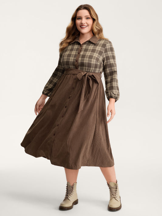 Plaid Pattern Contrast Waist-Tie Midi Dress